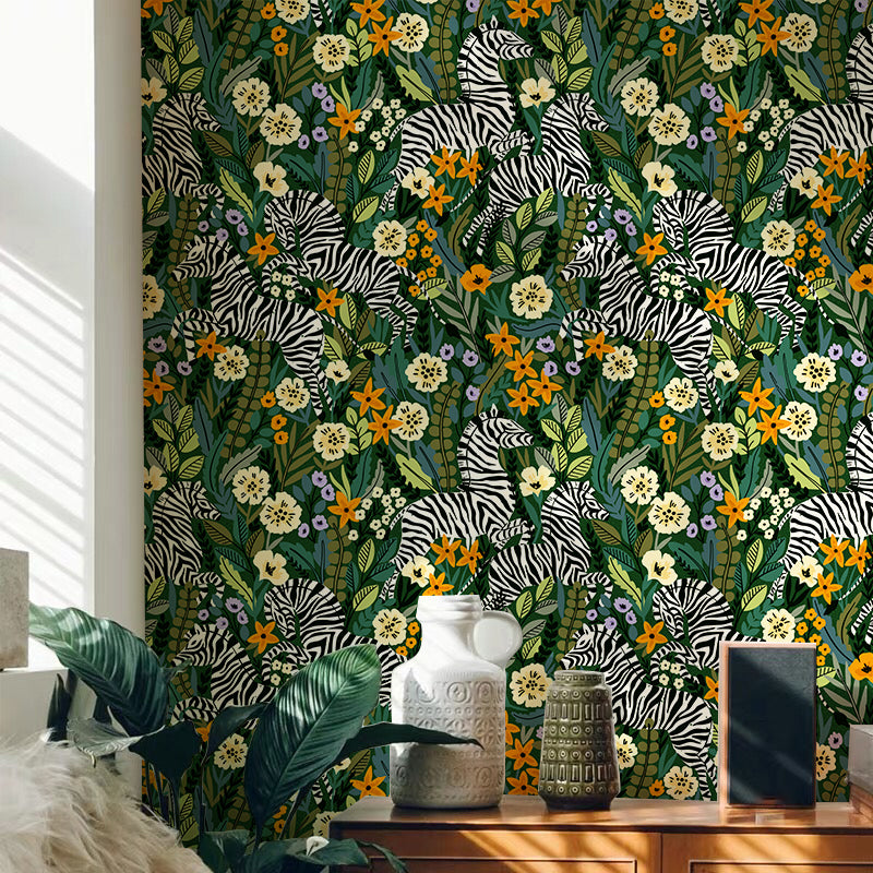 HaokHome Peel and Stick Zebra Botanical Floral Wallpaper Green Yellow Wall Mural Removable Wall Decor for Bedroom Living Room