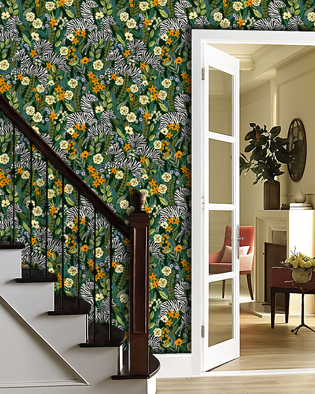 HaokHome Peel and Stick Zebra Botanical Floral Wallpaper Green Yellow Wall Mural Removable Wall Decor for Bedroom Living Room