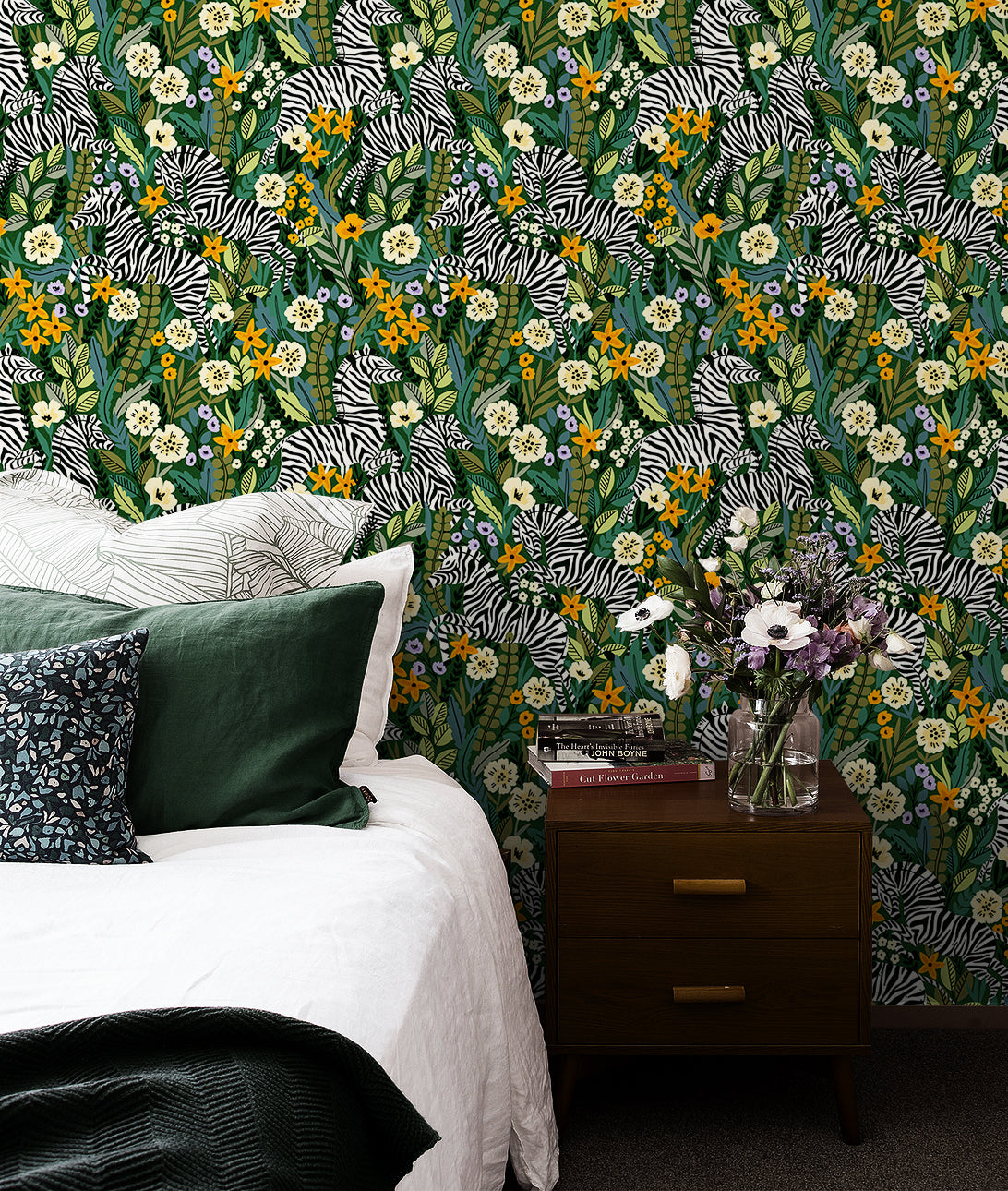 HaokHome Peel and Stick Zebra Botanical Floral Wallpaper Green Yellow Wall Mural Removable Wall Decor for Bedroom Living Room