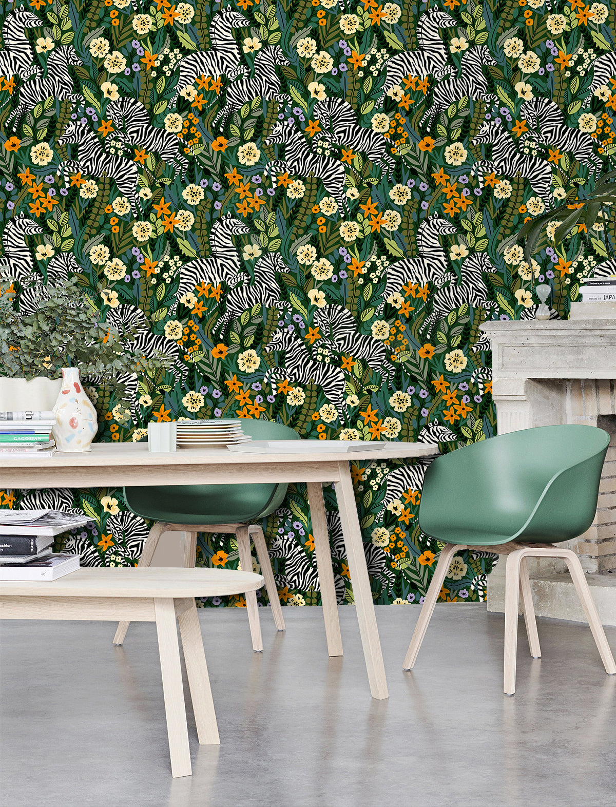 HaokHome Peel and Stick Zebra Botanical Floral Wallpaper Green Yellow Wall Mural Removable Wall Decor for Bedroom Living Room