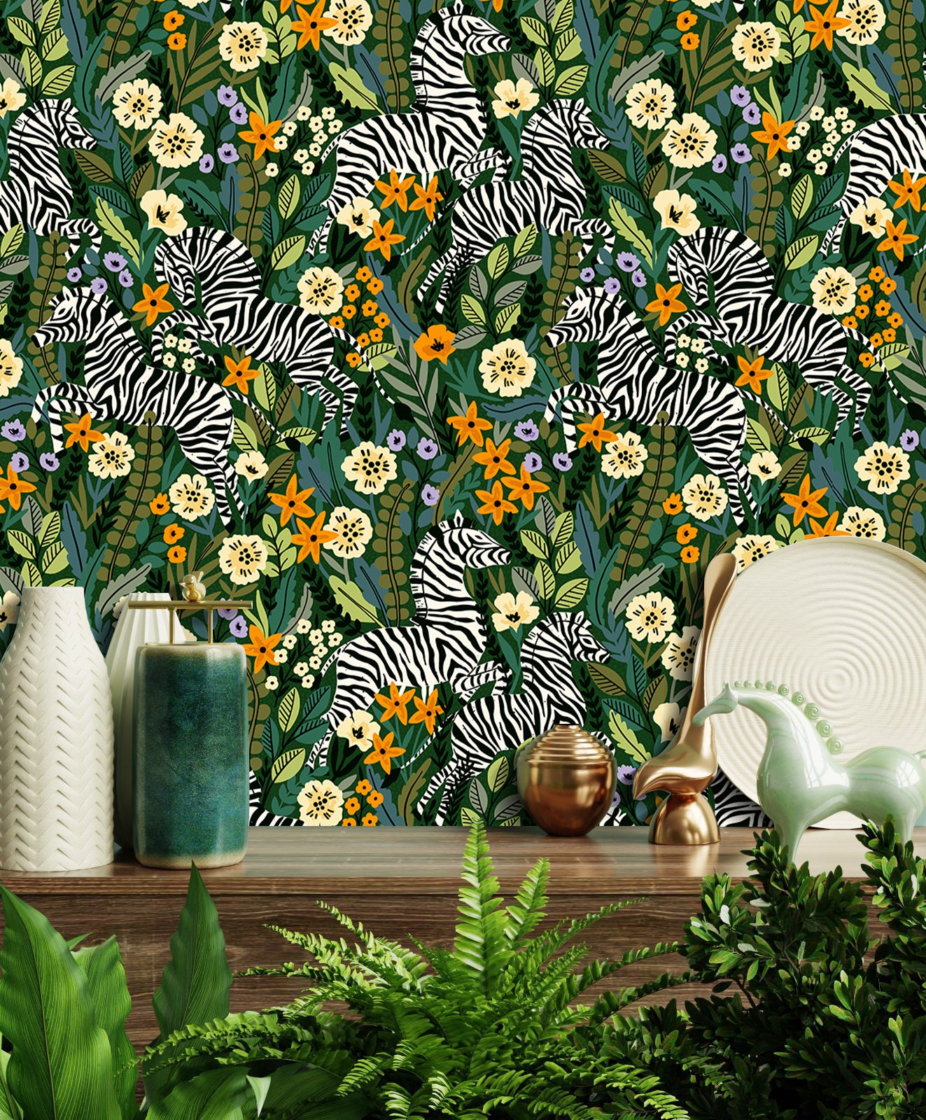 HaokHome Peel and Stick Zebra Botanical Floral Wallpaper Green Yellow Wall Mural Removable Wall Decor for Bedroom Living Room