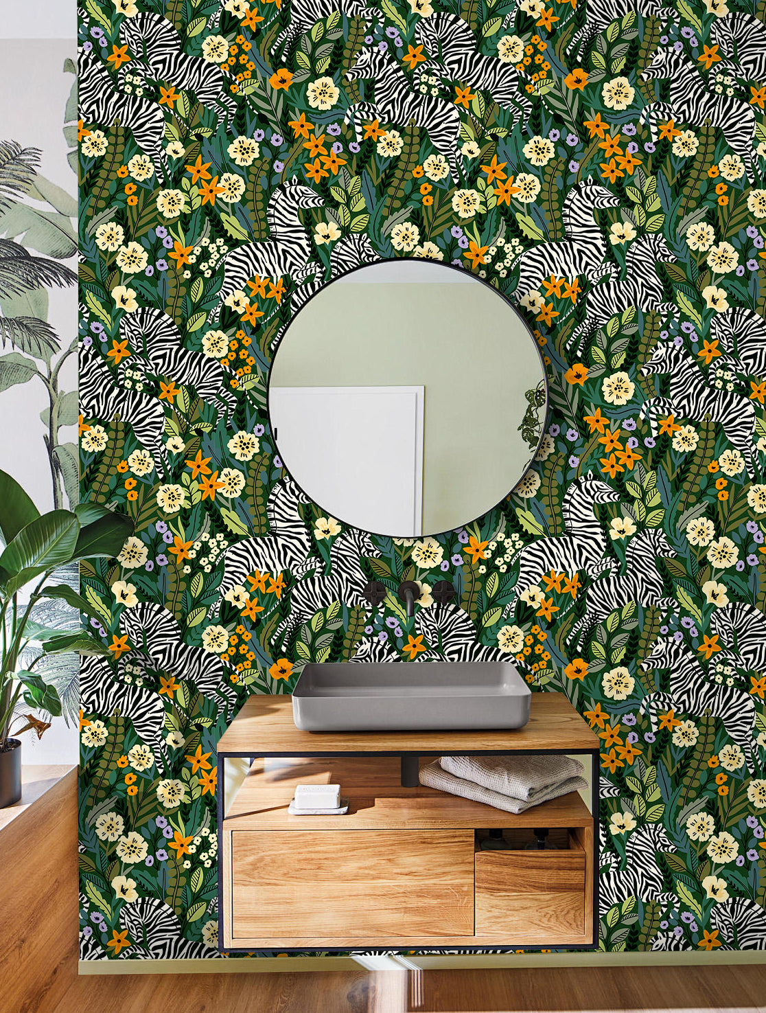 HaokHome Peel and Stick Zebra Botanical Floral Wallpaper Green Yellow Wall Mural Removable Wall Decor for Bedroom Living Room