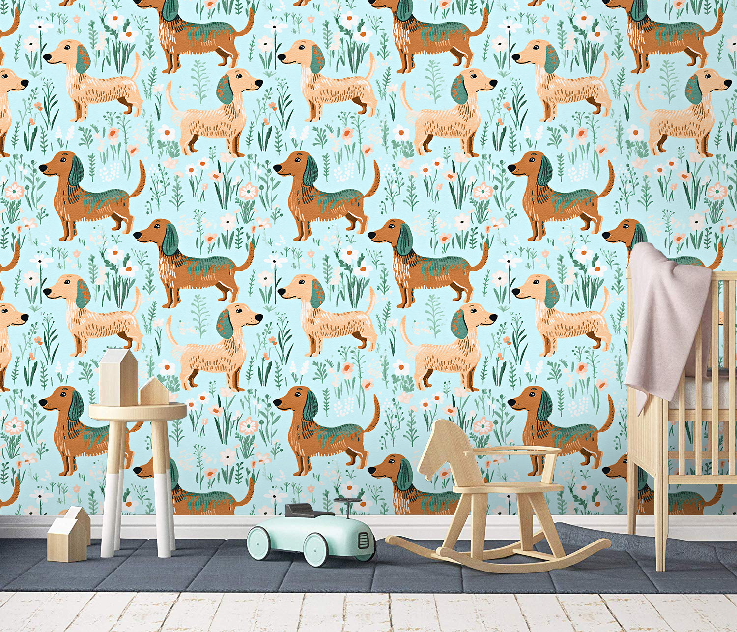 HaokHome Playful Dachshund Peel and Stick Wallpaper Whimsical Floral Design Removable Wall Decor