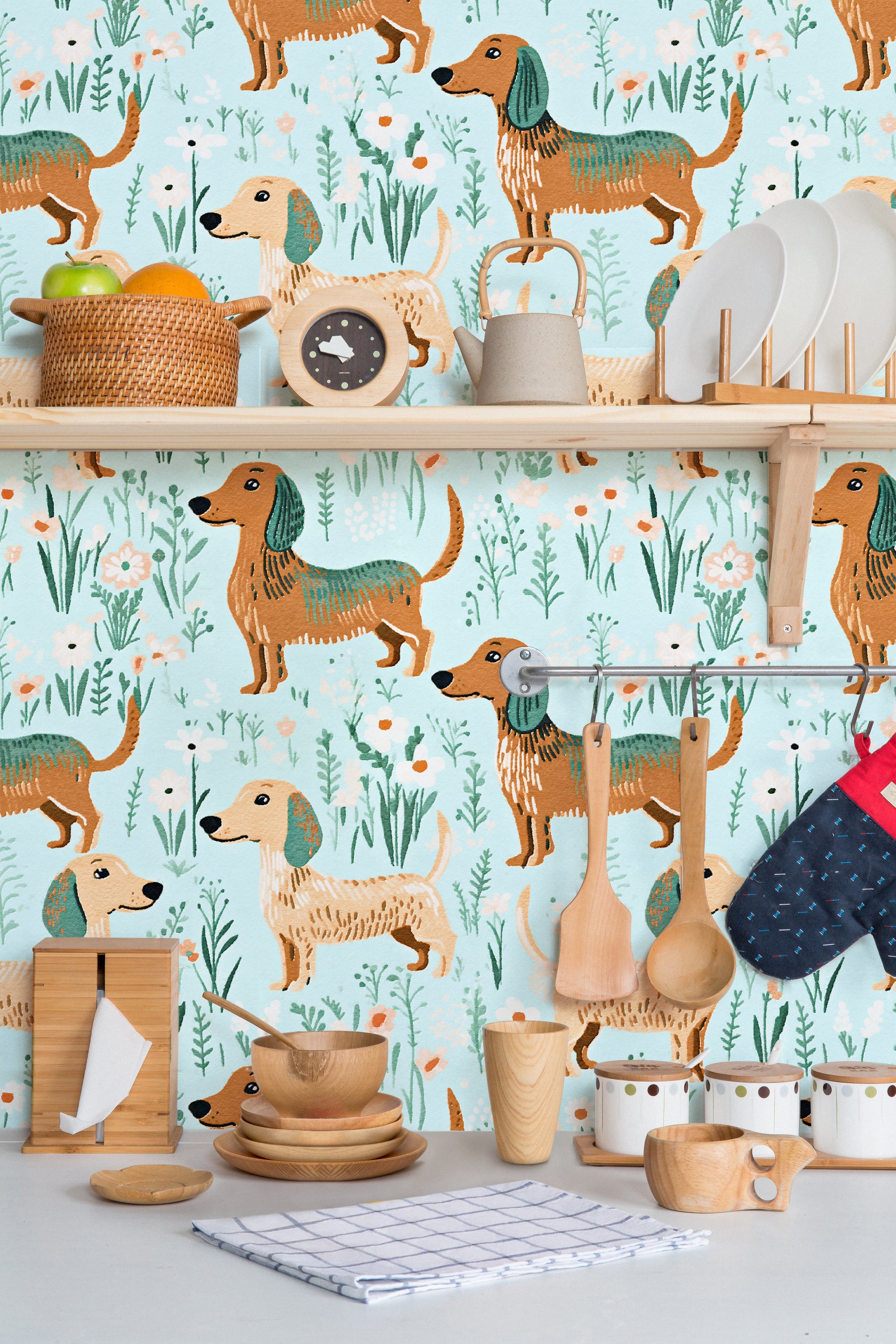 HaokHome Playful Dachshund Peel and Stick Wallpaper Whimsical Floral Design Removable Wall Decor