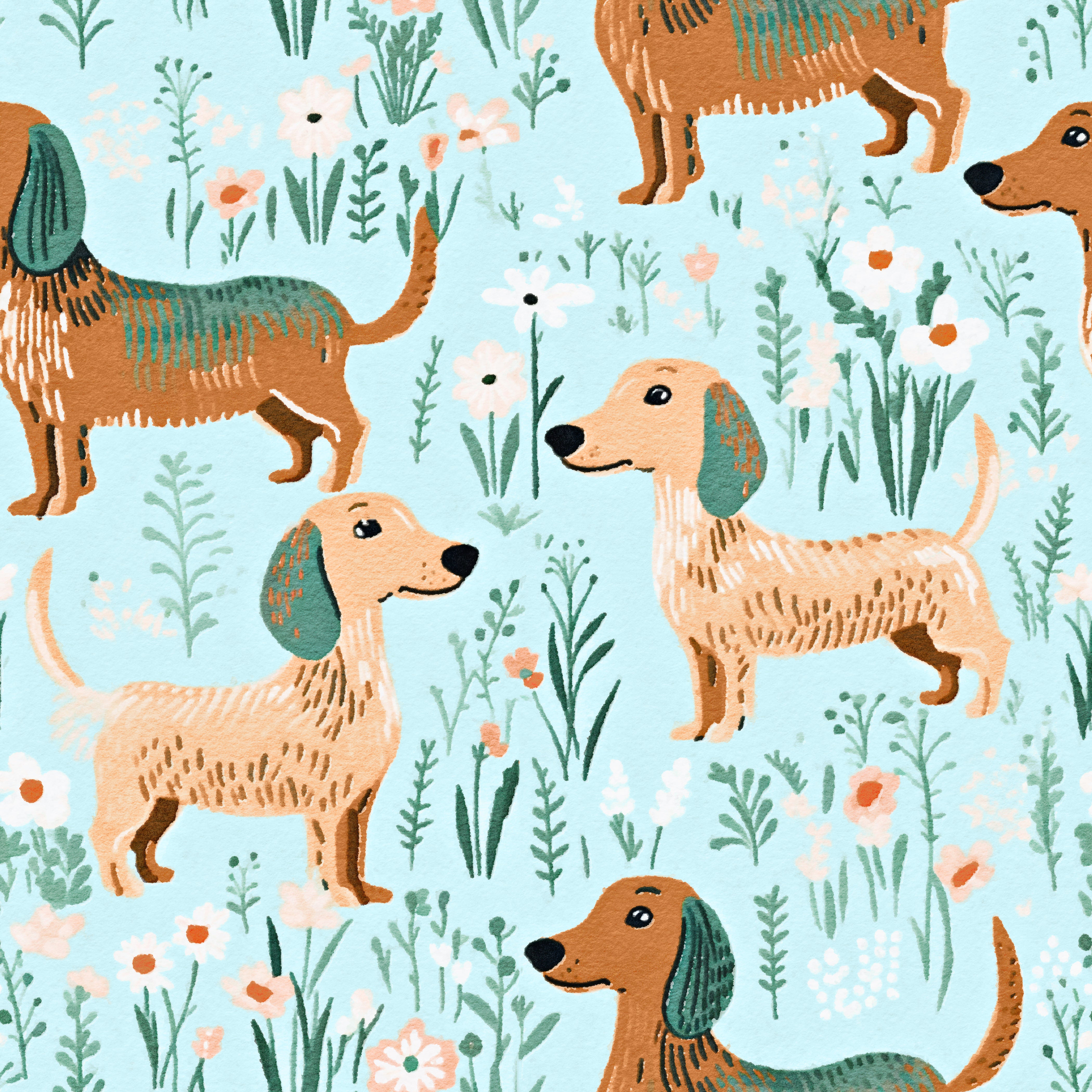 HaokHome Playful Dachshund Peel and Stick Wallpaper Whimsical Floral Design Removable Wall Decor