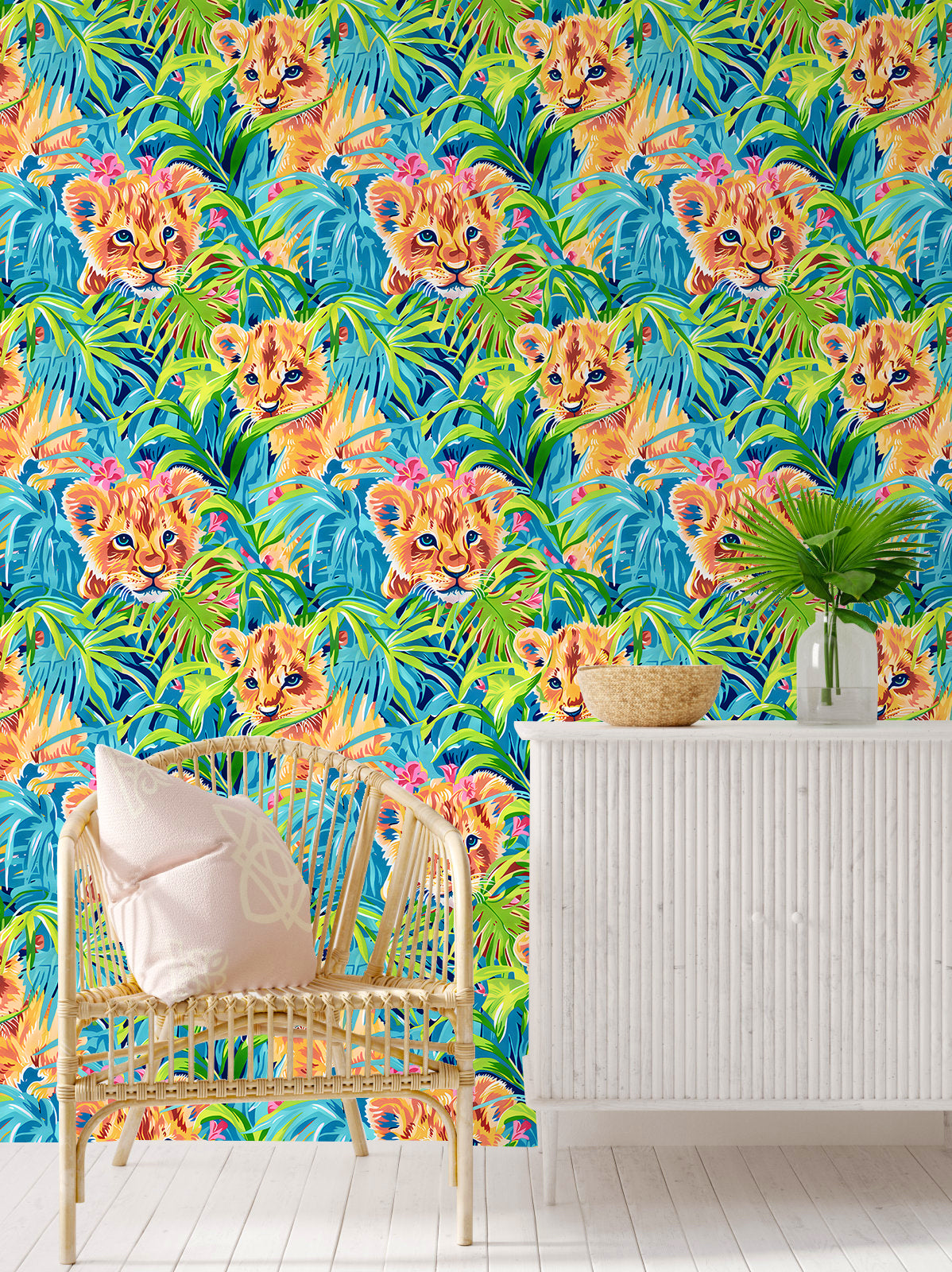 HaokHome Playful Lion Cubs and Tropical Jungle Wallpaper Bold, Vibrant Art with Blue and Green Tones