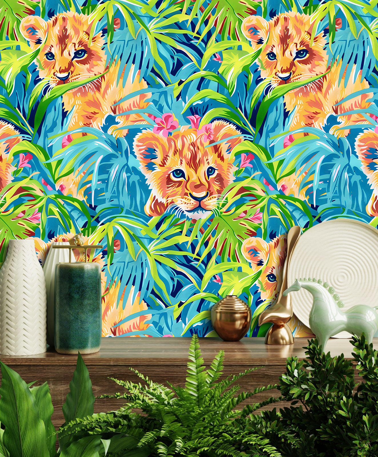 HaokHome Playful Lion Cubs and Tropical Jungle Wallpaper Bold, Vibrant Art with Blue and Green Tones