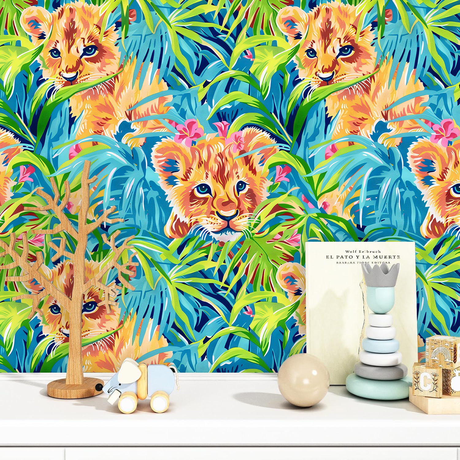 HaokHome Playful Lion Cubs and Tropical Jungle Wallpaper Bold, Vibrant Art with Blue and Green Tones