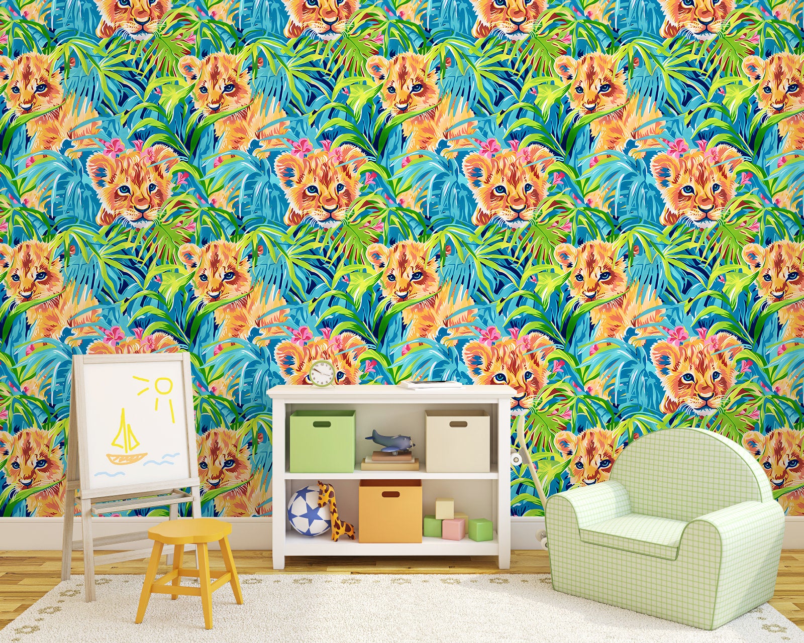 HaokHome Playful Lion Cubs and Tropical Jungle Wallpaper Bold, Vibrant Art with Blue and Green Tones