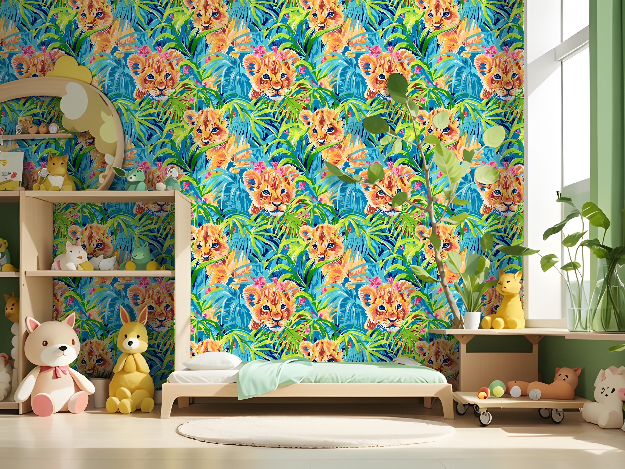HaokHome Playful Lion Cubs and Tropical Jungle Wallpaper Bold, Vibrant Art with Blue and Green Tones