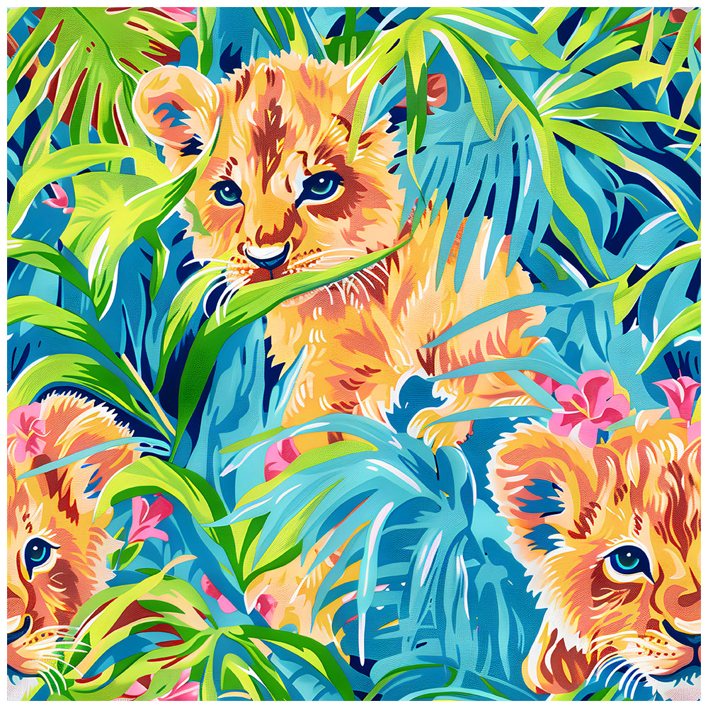 HaokHome Playful Lion Cubs and Tropical Jungle Wallpaper Bold, Vibrant Art with Blue and Green Tones