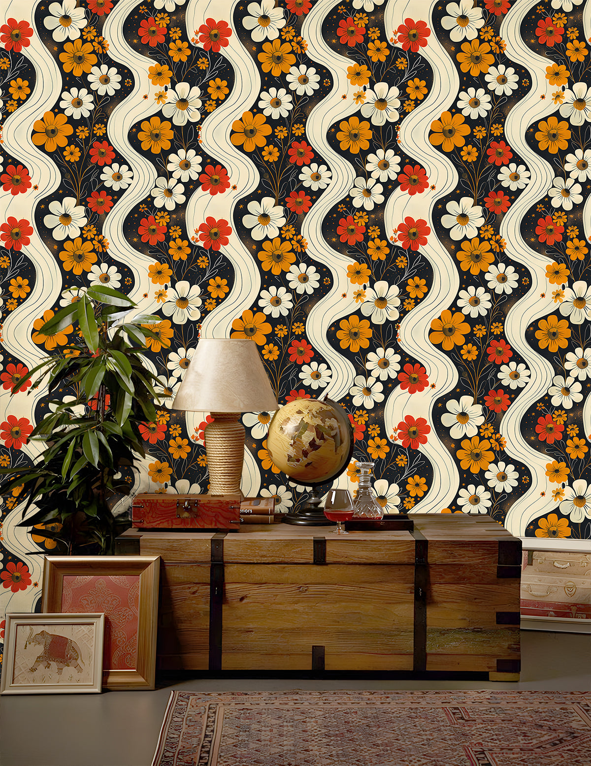 HaokHome Retro Daisy Swirl Wallpaper Bold Floral Design with Vintage Vibes