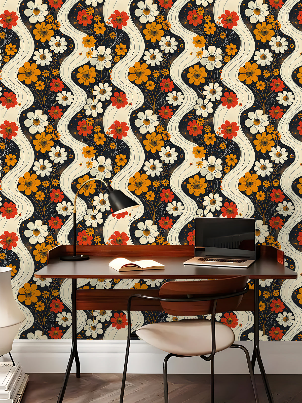 HaokHome Retro Daisy Swirl Wallpaper Bold Floral Design with Vintage Vibes