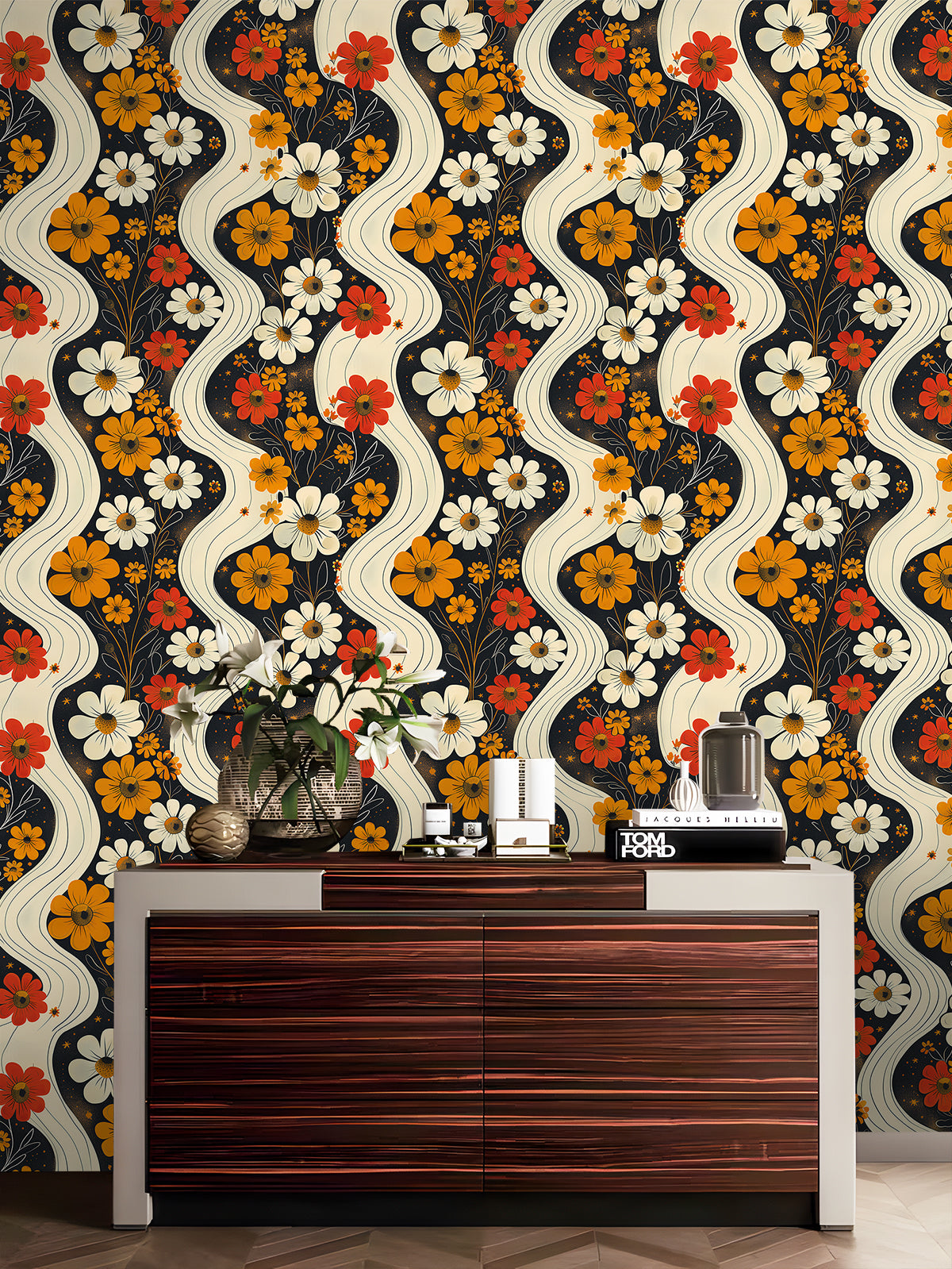 HaokHome Retro Daisy Swirl Wallpaper Bold Floral Design with Vintage Vibes