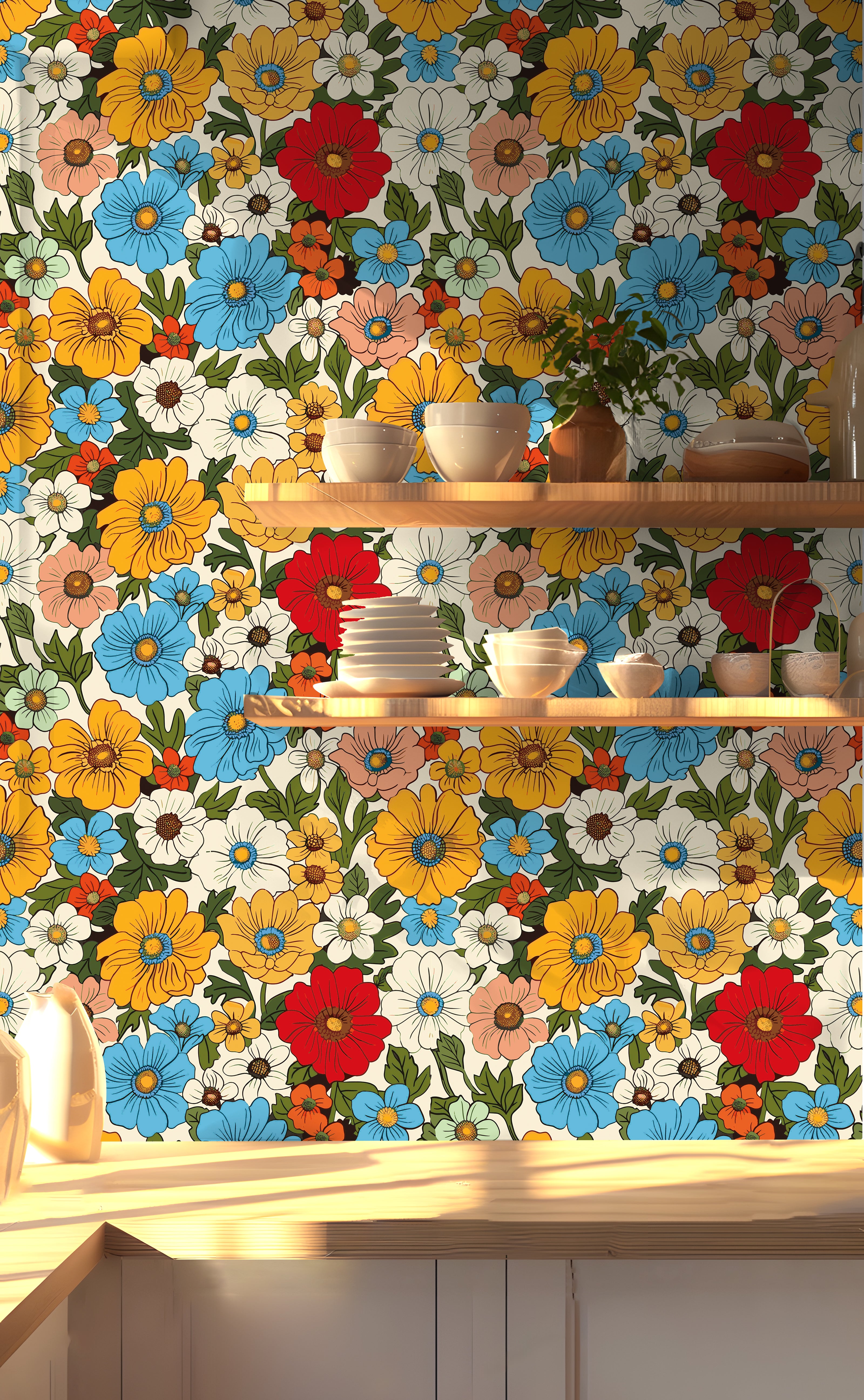 HaokHome Retro Floral Wallpaper Vibrant Red, Blue, and Yellow Flower Design on Cream Background
