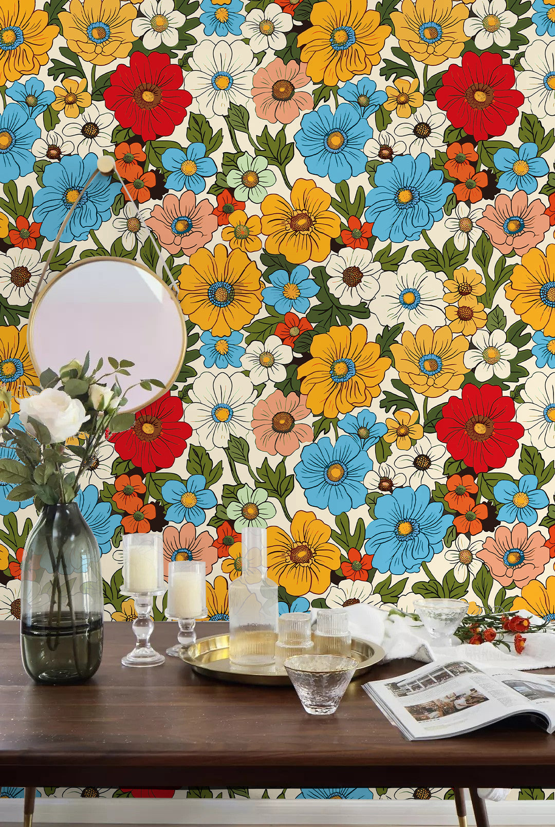 HaokHome Retro Floral Wallpaper Vibrant Red, Blue, and Yellow Flower Design on Cream Background