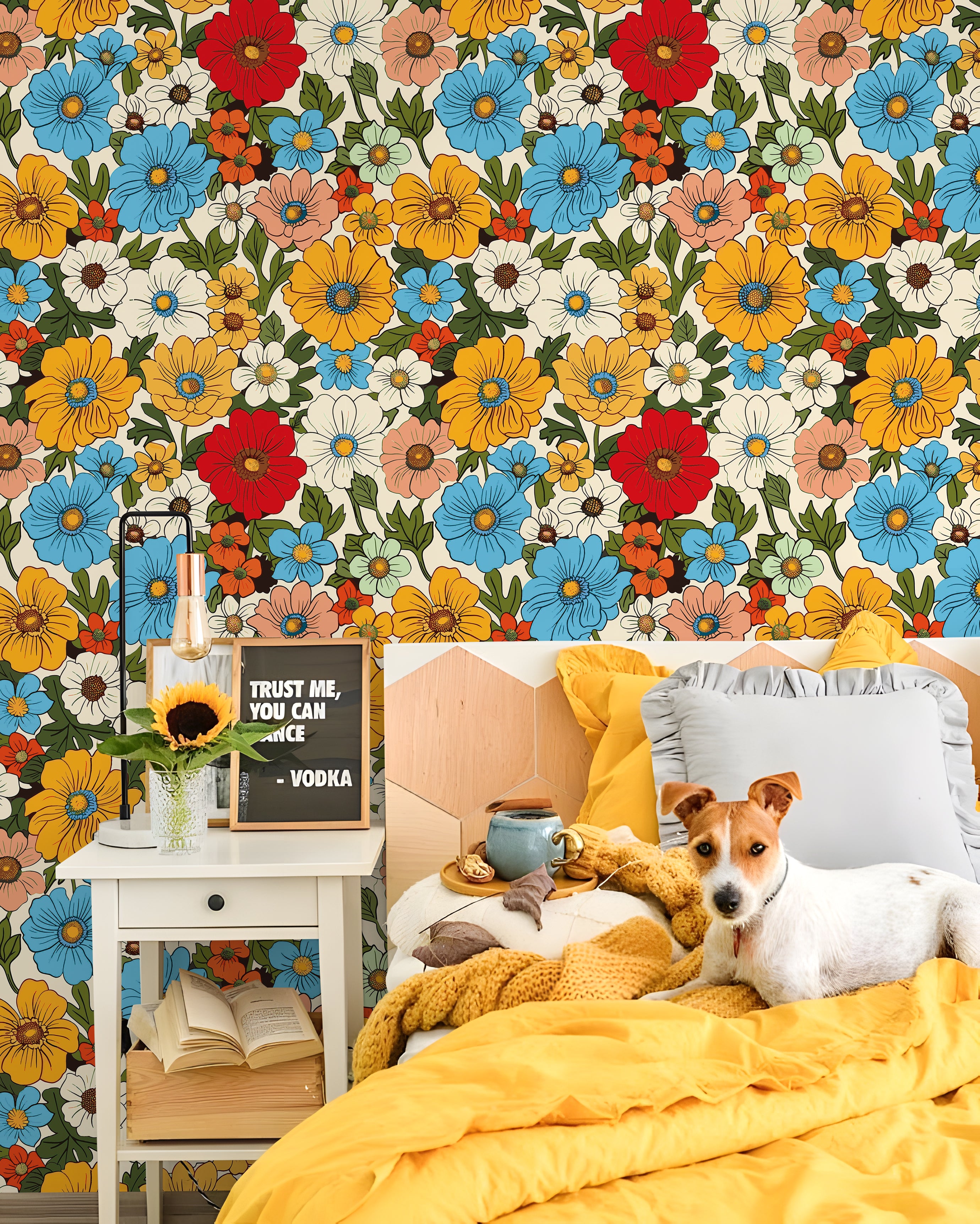 HaokHome Retro Floral Wallpaper Vibrant Red, Blue, and Yellow Flower Design on Cream Background