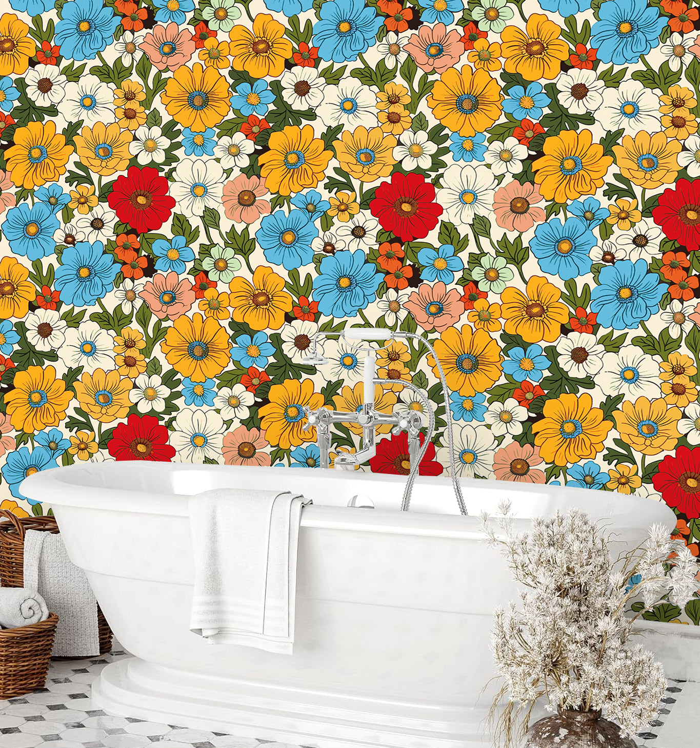 HaokHome Retro Floral Wallpaper Vibrant Red, Blue, and Yellow Flower Design on Cream Background
