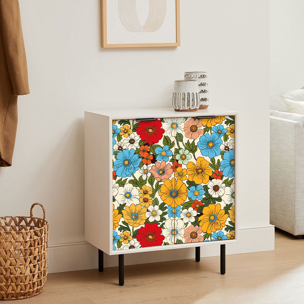 HaokHome Retro Floral Wallpaper Vibrant Red, Blue, and Yellow Flower Design on Cream Background