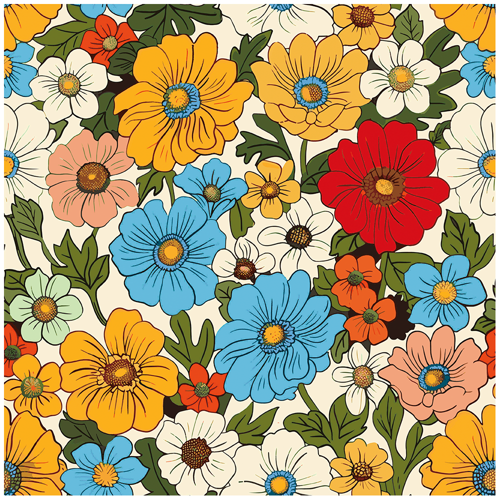 HaokHome Retro Floral Wallpaper Vibrant Red, Blue, and Yellow Flower Design on Cream Background