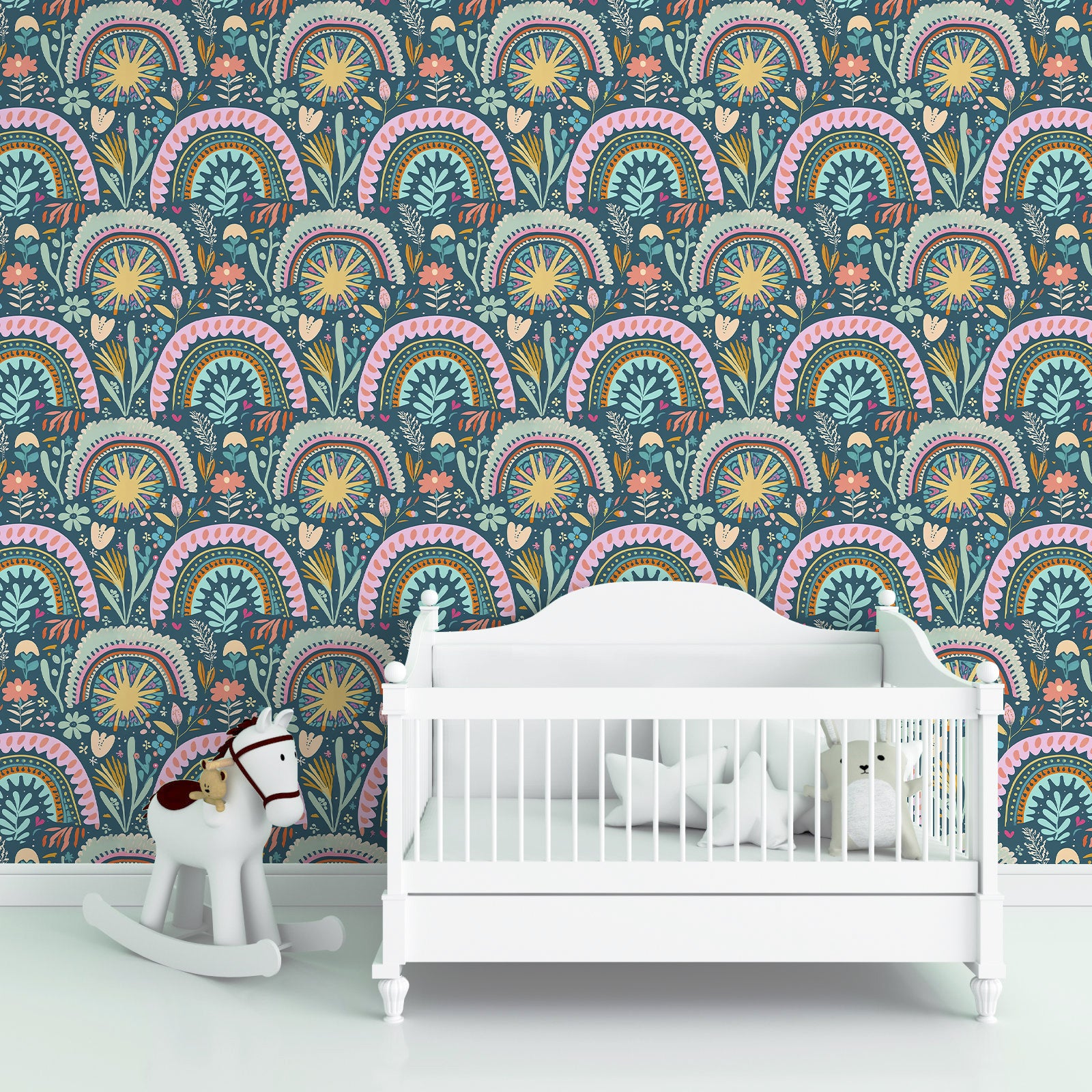 HaokHome Retro Rainbow Floral Wallpaper Vibrant Boho Style with Pastel Colors