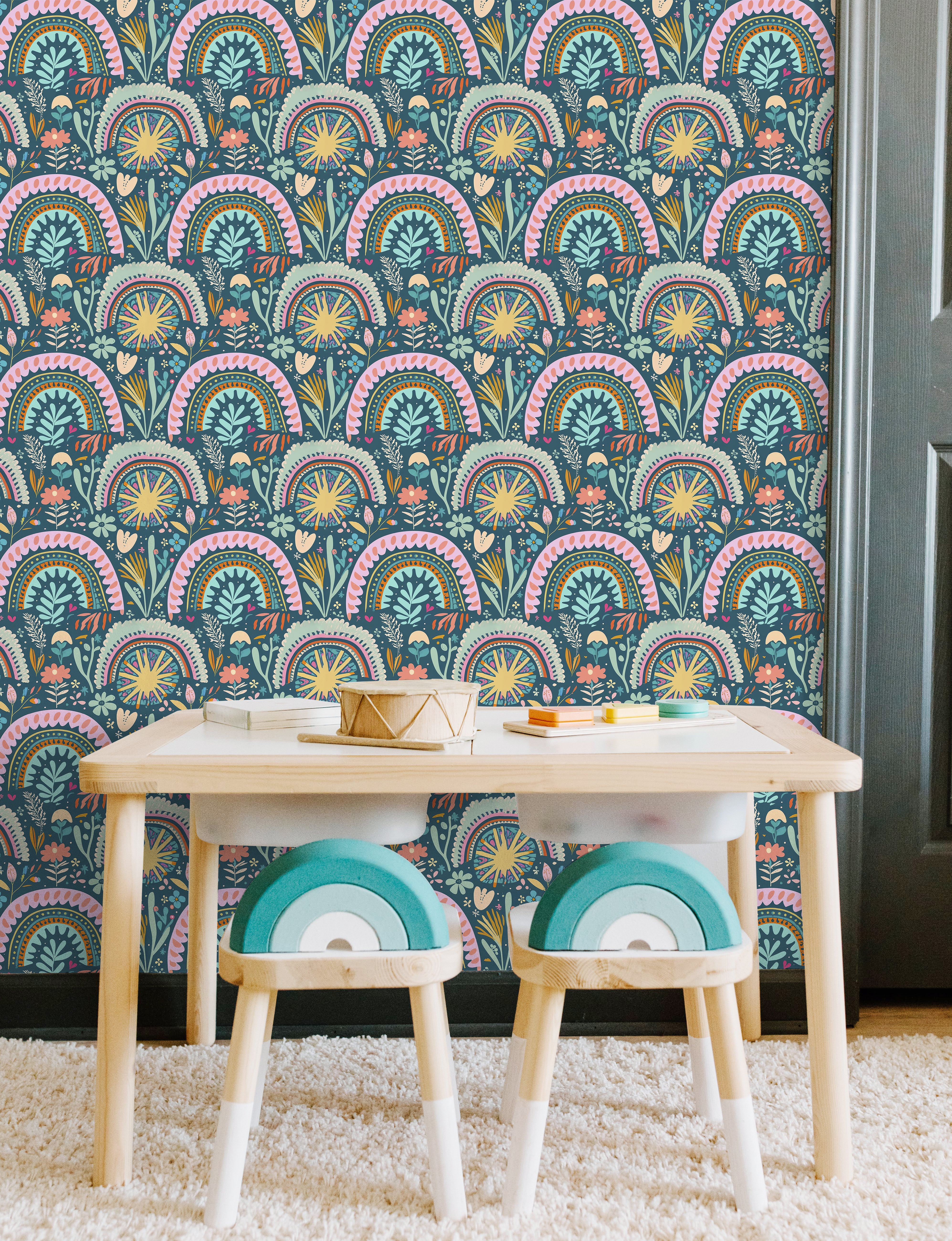 HaokHome Retro Rainbow Floral Wallpaper Vibrant Boho Style with Pastel Colors