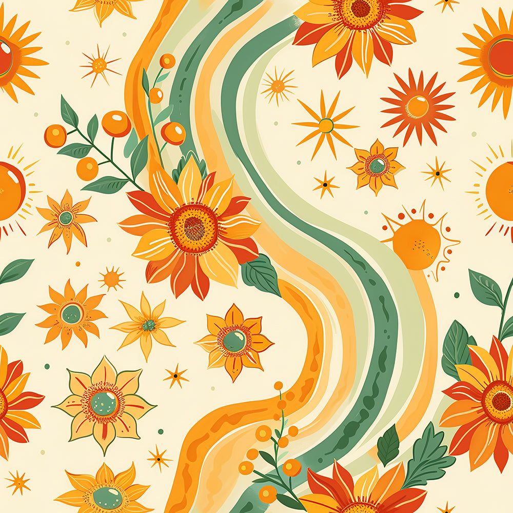 HaokHome Retro Sunflower & Starburst Wallpaper Bright Floral & Geometric Design