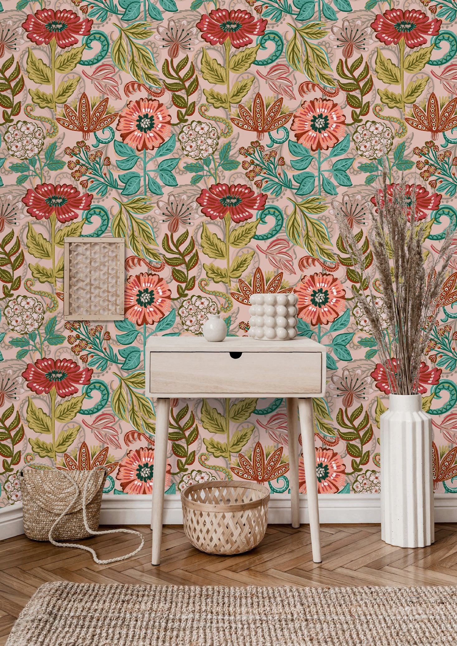 HaokHome Romantic Pink Floral Wallpaper – Hand-Painted Vintage Botanical Design Wall Covering for Bedroom or Girl’s Room