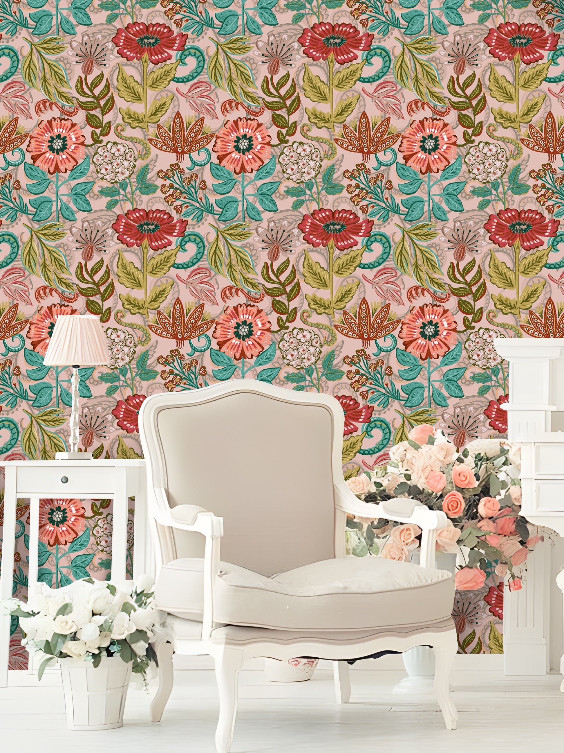 HaokHome Romantic Pink Floral Wallpaper – Hand-Painted Vintage Botanical Design Wall Covering for Bedroom or Girl’s Room