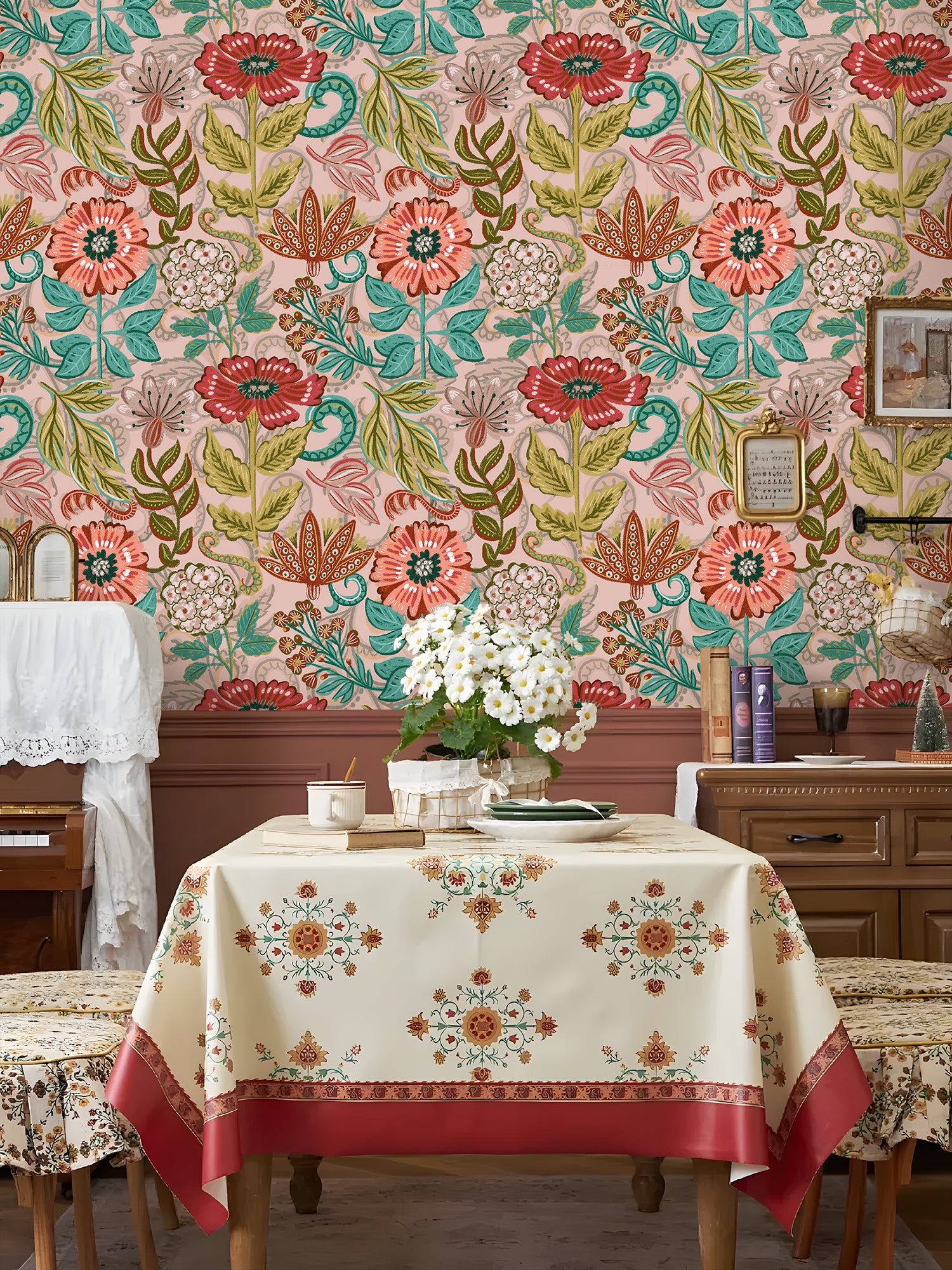 HaokHome Romantic Pink Floral Wallpaper – Hand-Painted Vintage Botanical Design Wall Covering for Bedroom or Girl’s Room