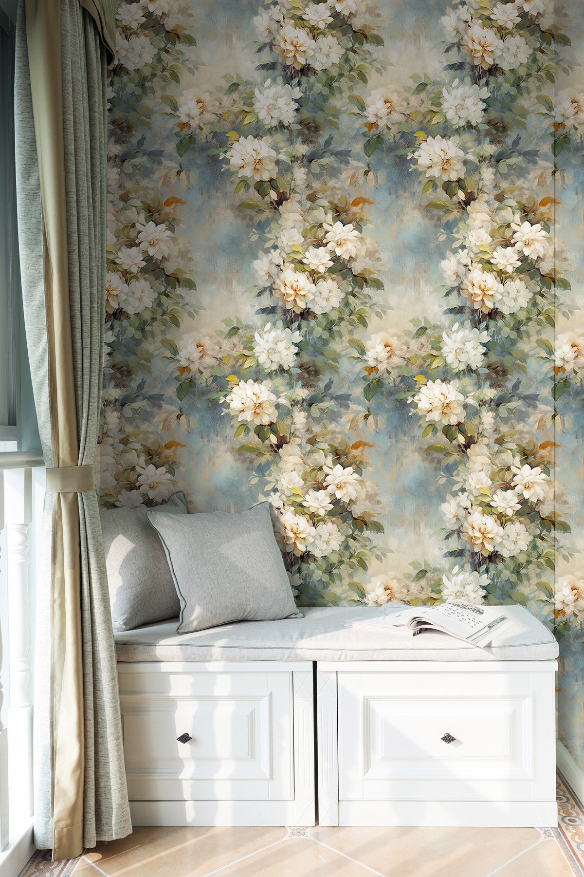 HaokHome Rustic White Floral Wallpaper Classic Elegance with a Vintage Touch