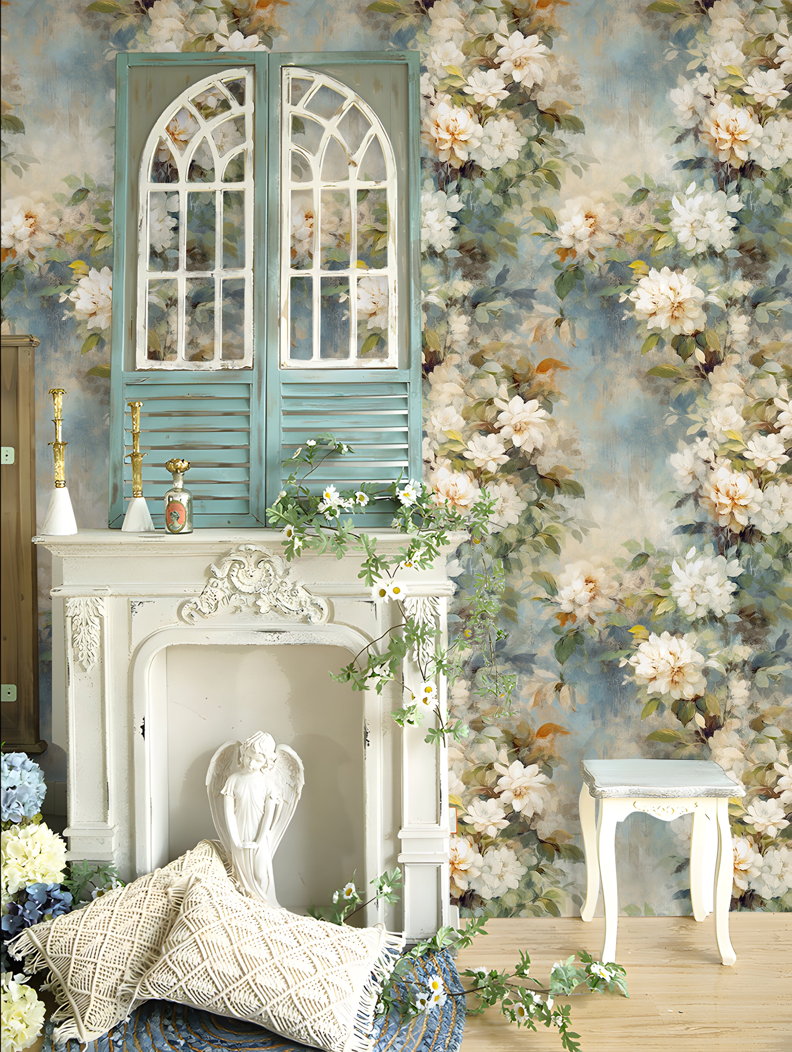 HaokHome Rustic White Floral Wallpaper Classic Elegance with a Vintage Touch