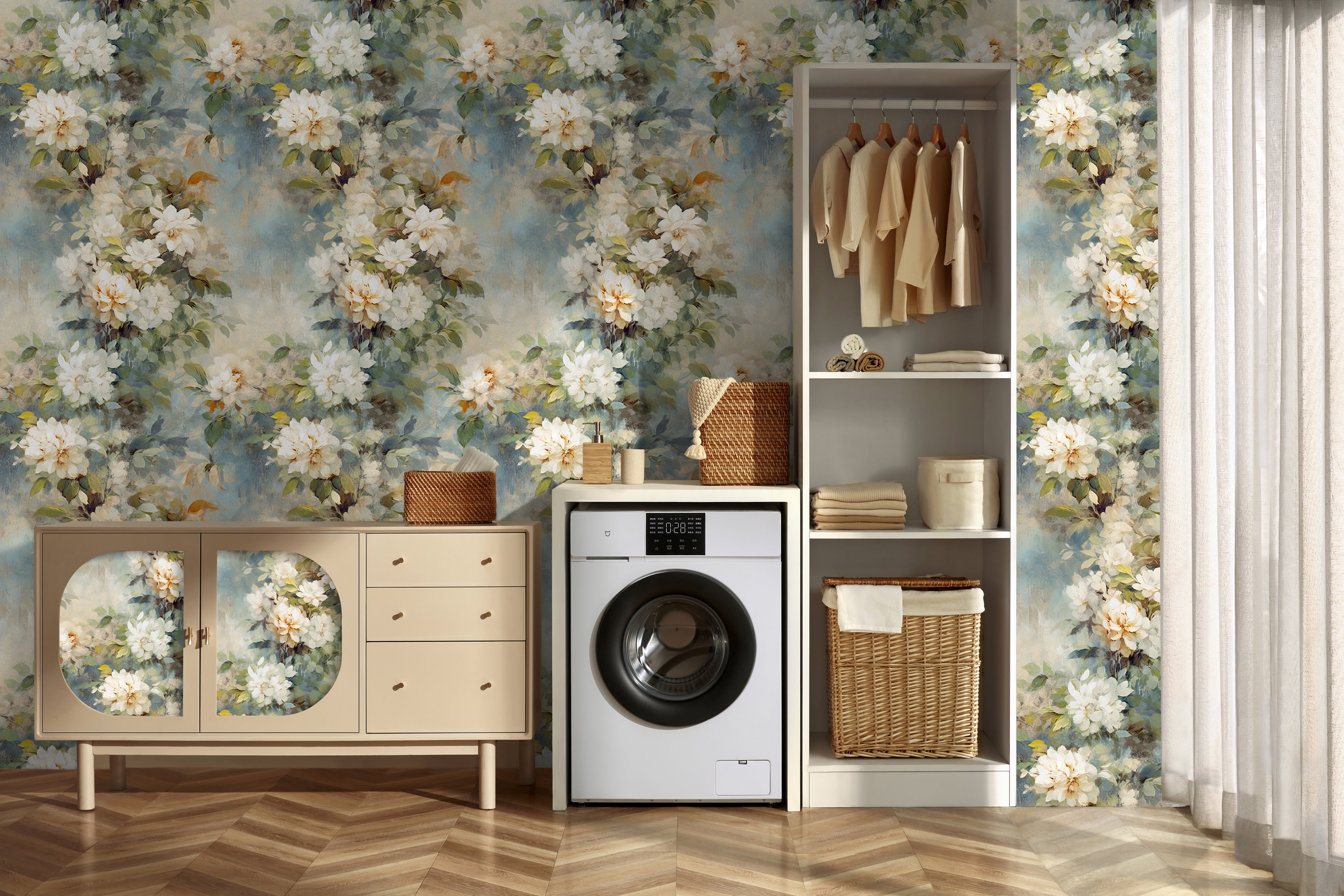 HaokHome Rustic White Floral Wallpaper Classic Elegance with a Vintage Touch