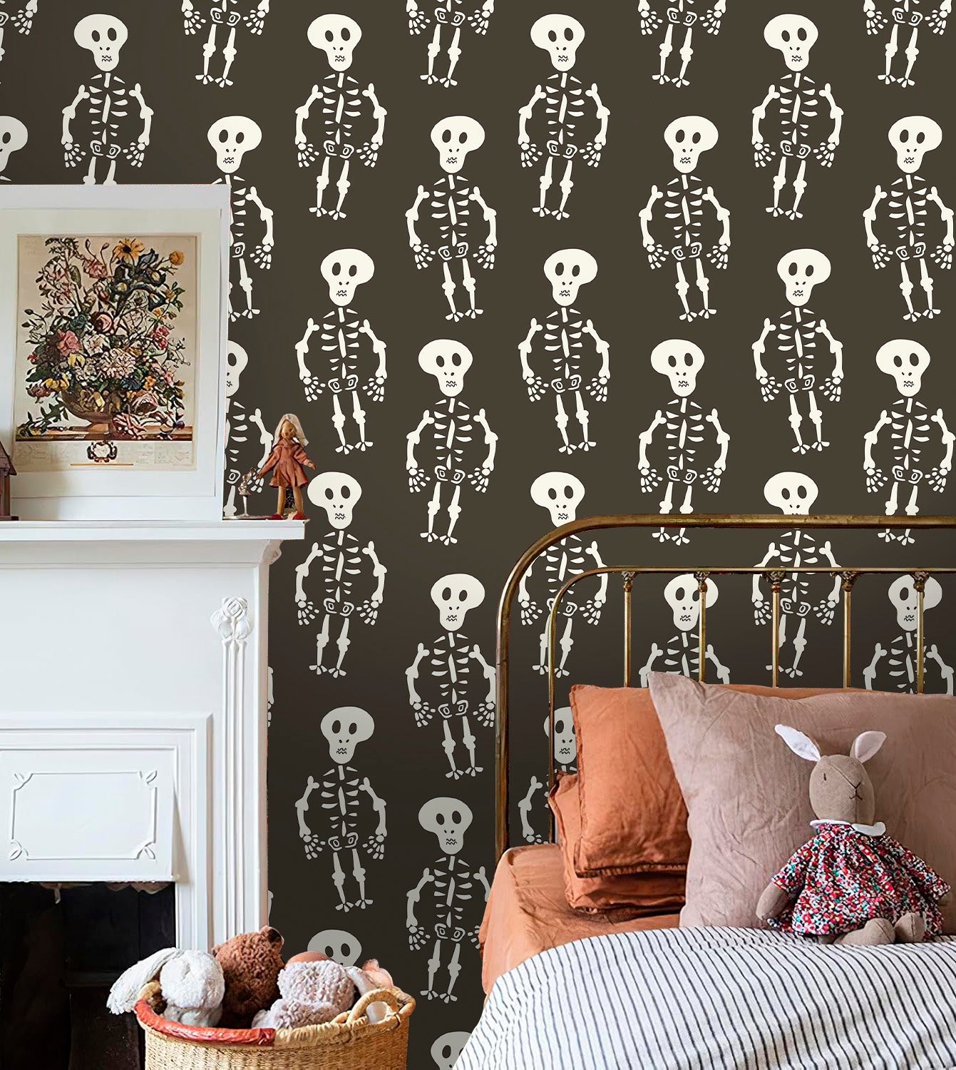 HaokHome Skeleton Pattern Wallpaper – Playful Skeletons on a Dark Background for Spooky Decor