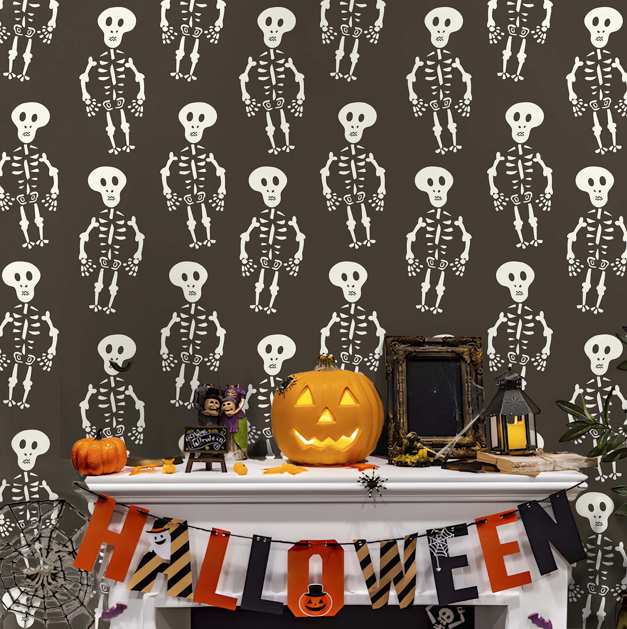 HaokHome Skeleton Pattern Wallpaper – Playful Skeletons on a Dark Background for Spooky Decor
