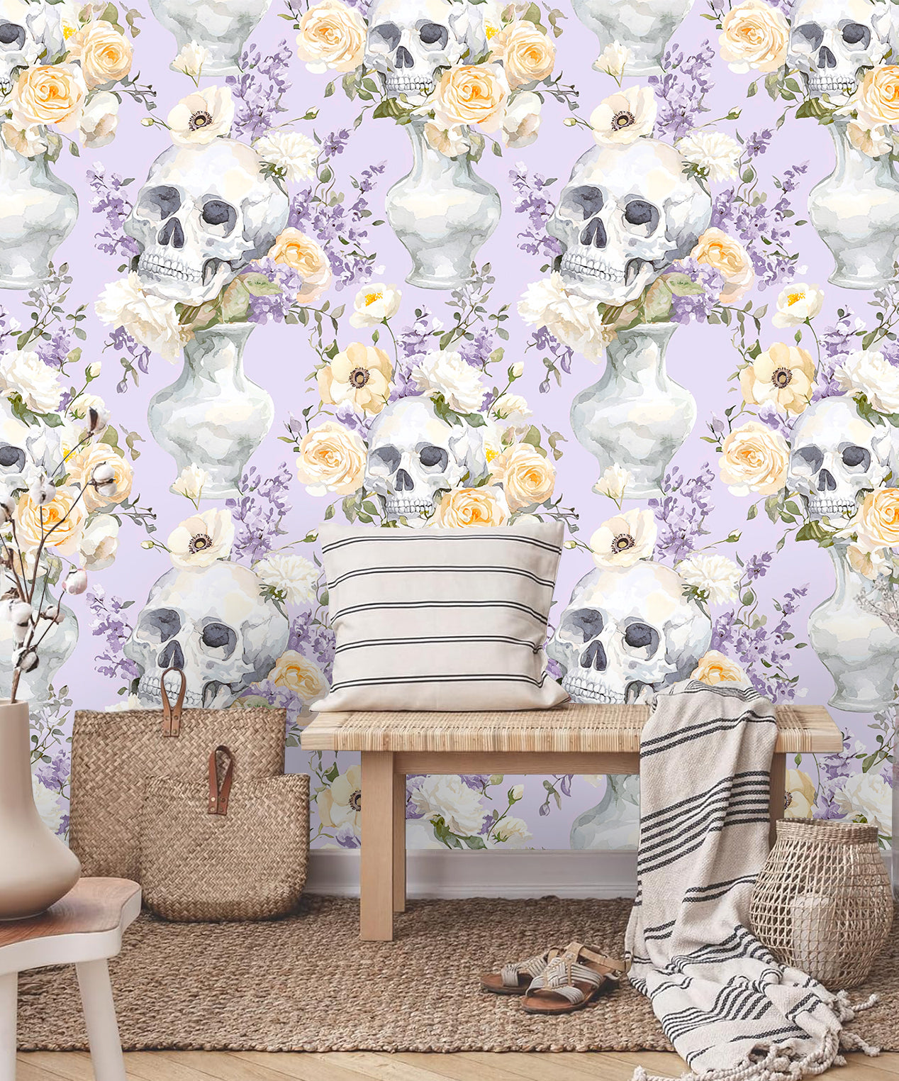 HaokHome Skull and Floral Watercolor Wallpaper Elegant Skull Vases with Roses and Wildflowers on Lavender Background