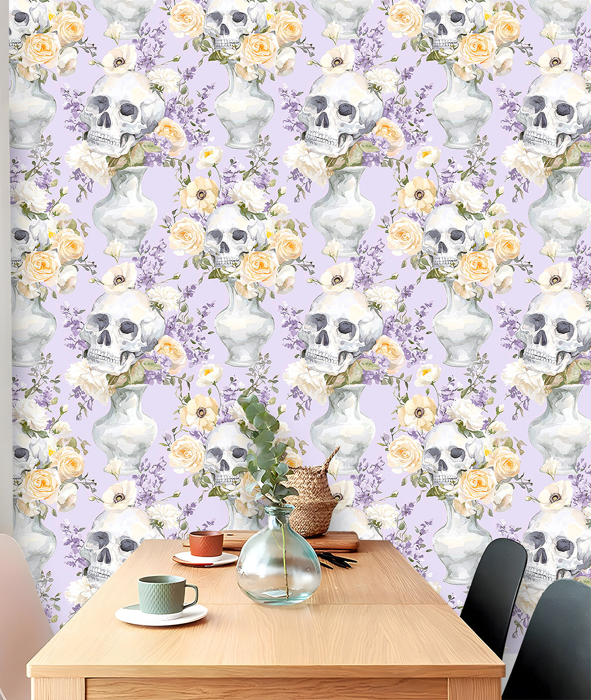 HaokHome Skull and Floral Watercolor Wallpaper Elegant Skull Vases with Roses and Wildflowers on Lavender Background