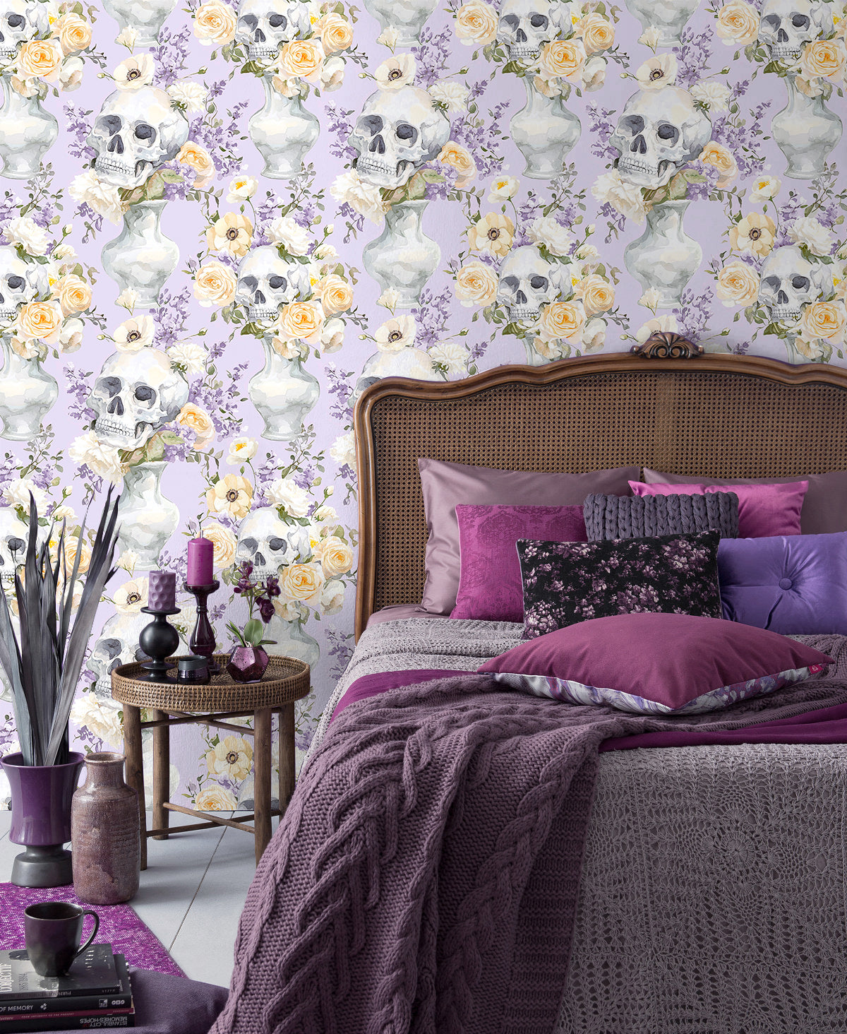 HaokHome Skull and Floral Watercolor Wallpaper Elegant Skull Vases with Roses and Wildflowers on Lavender Background