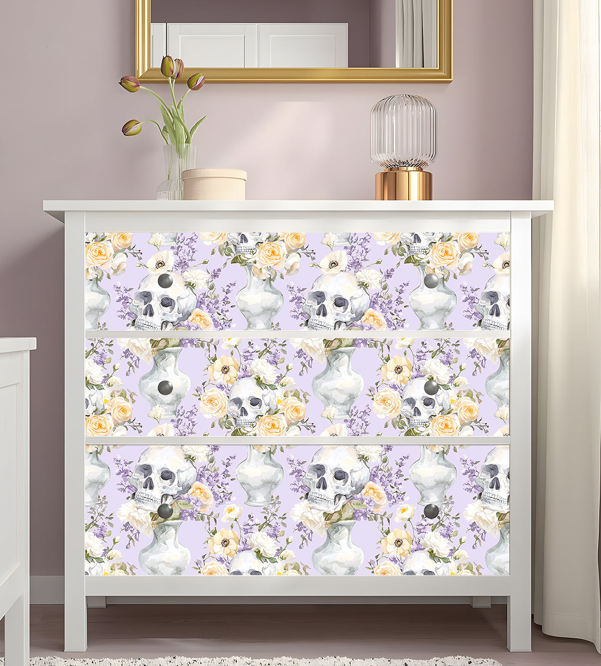 HaokHome Skull and Floral Watercolor Wallpaper Elegant Skull Vases with Roses and Wildflowers on Lavender Background