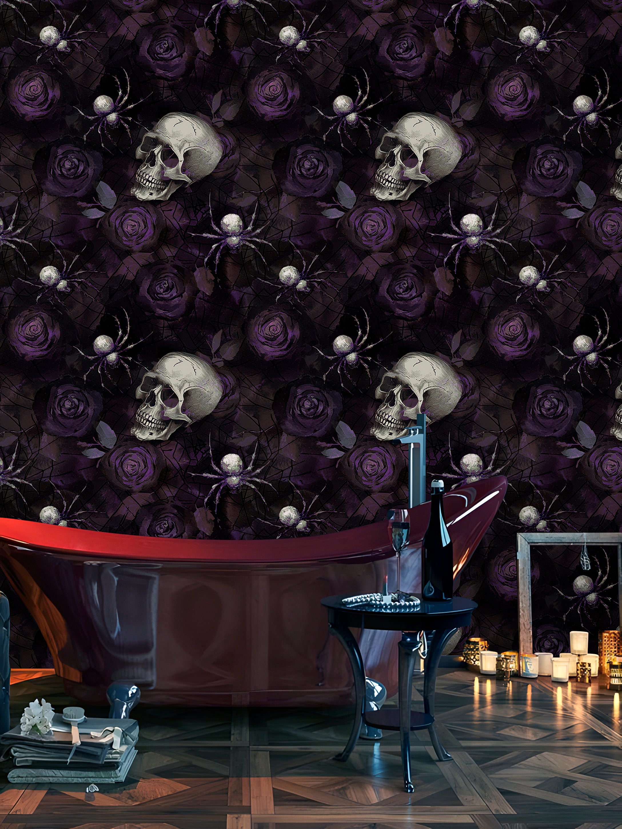 HaokHome Spider and Rose Watercolor Wallpaper Elegant Purple Spiders and Roses on Soft Web Background