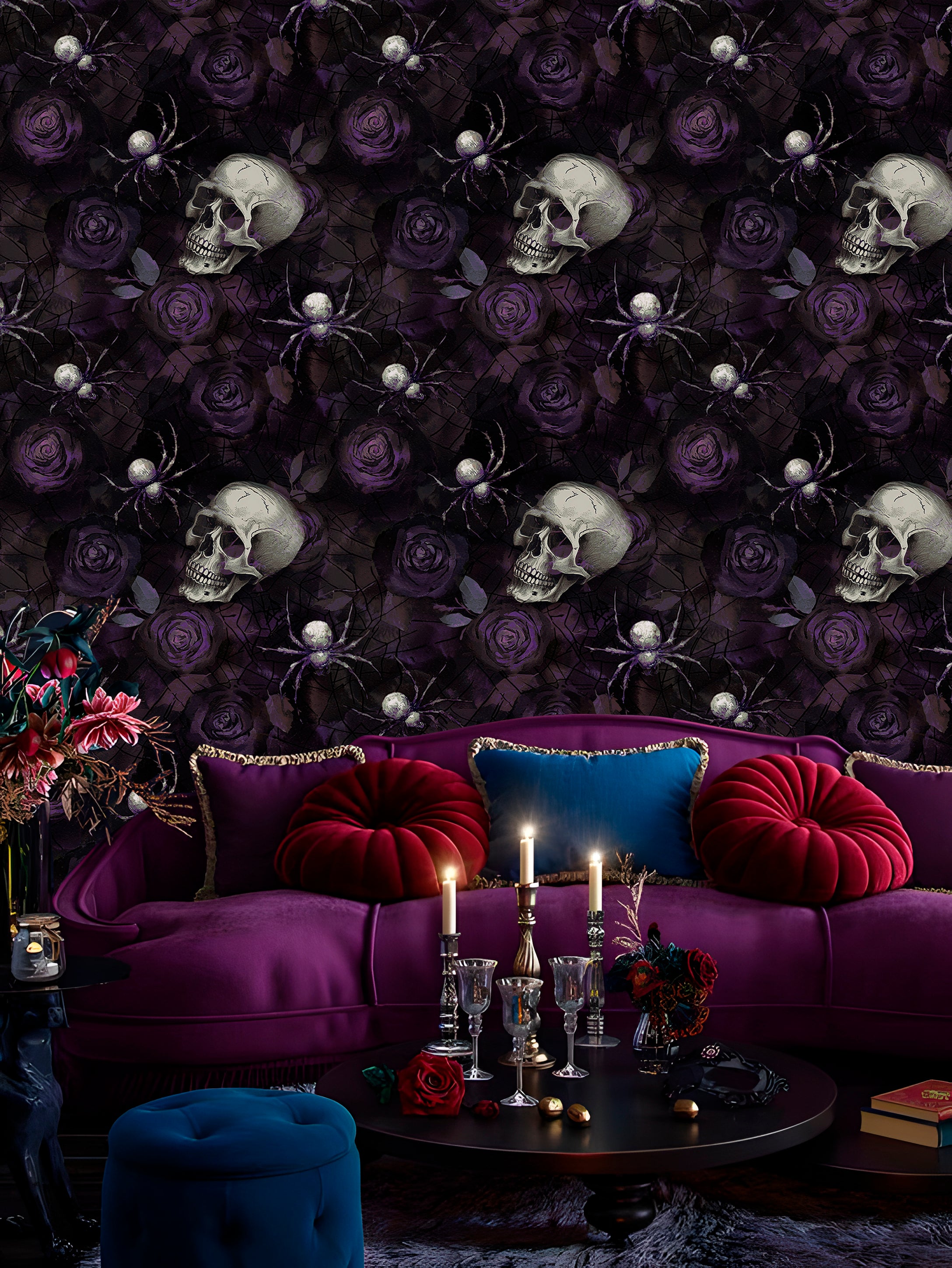 HaokHome Spider and Rose Watercolor Wallpaper Elegant Purple Spiders and Roses on Soft Web Background