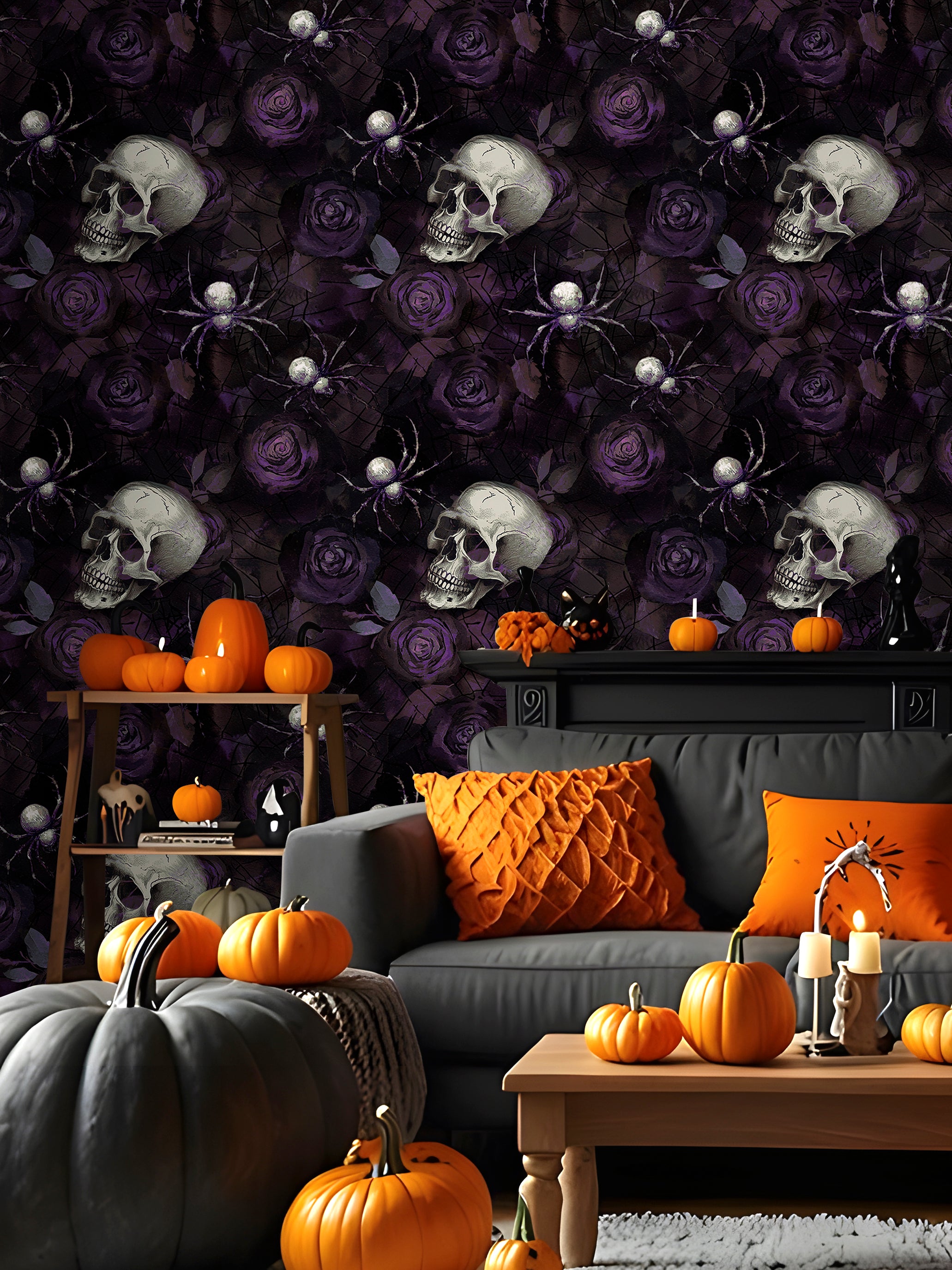 HaokHome Spider and Rose Watercolor Wallpaper Elegant Purple Spiders and Roses on Soft Web Background