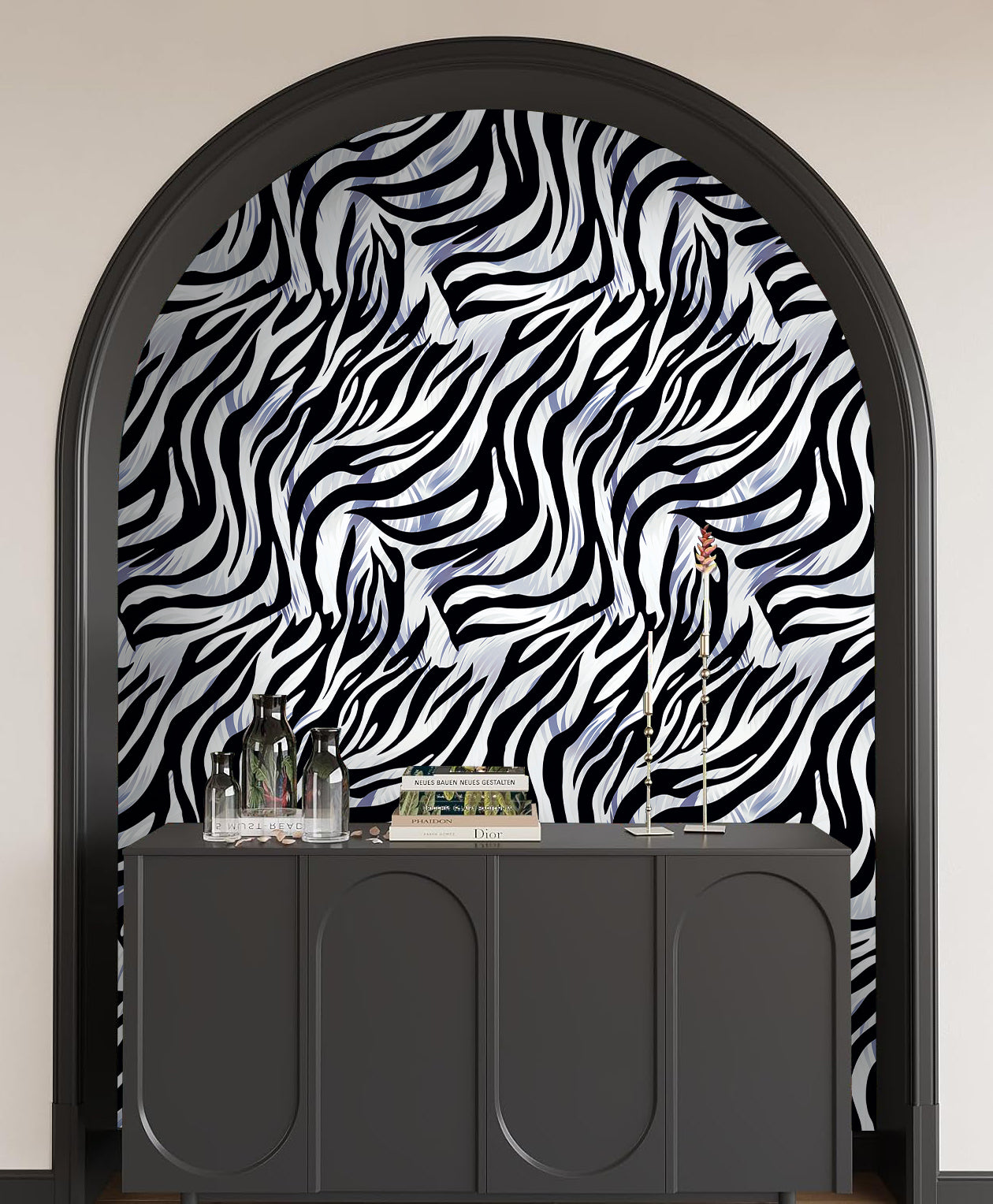 HaokHome Stylish Zebra Print Wallpaper Black, White, and Silver Stripes for a Modern Look