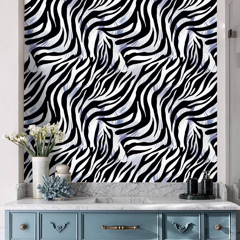 HaokHome Stylish Zebra Print Wallpaper Black, White, and Silver Stripes for a Modern Look