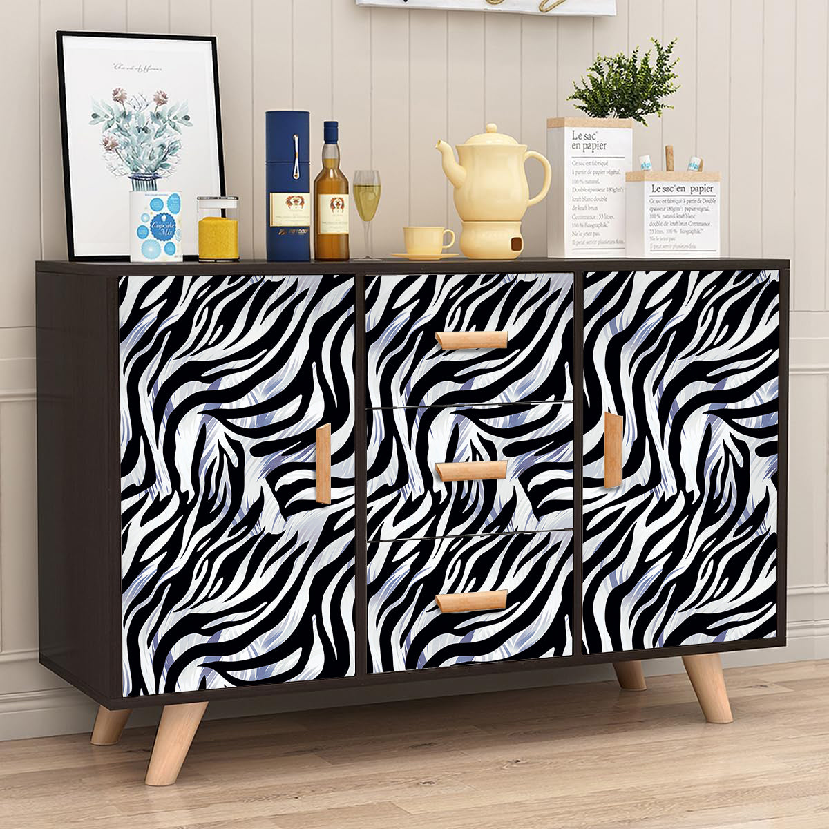 HaokHome Stylish Zebra Print Wallpaper Black, White, and Silver Stripes for a Modern Look