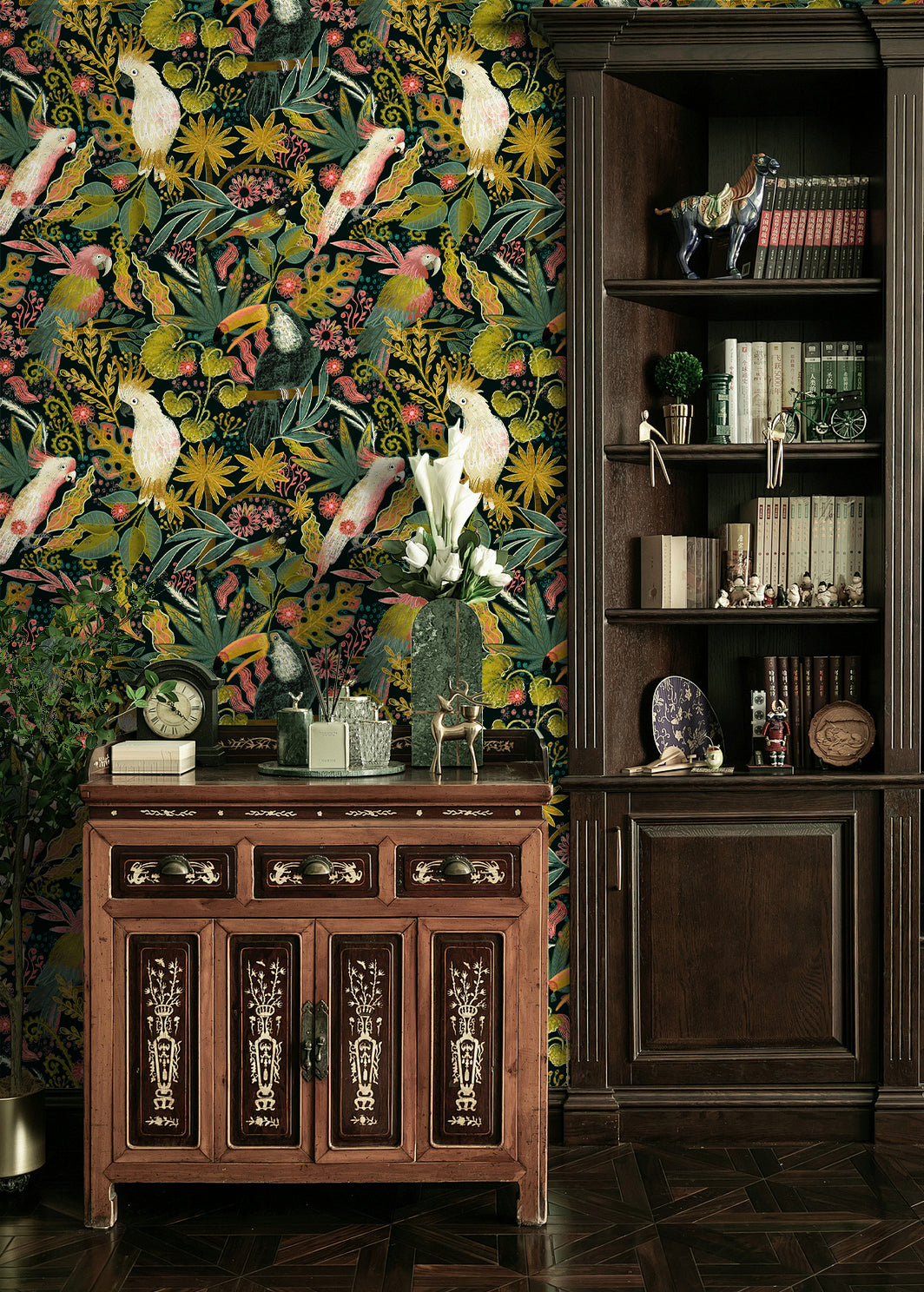 HaokHome Tropical Birds and Flowers Wallpaper – Colorful Cockatoos, Toucans, and Blooms on Dark Green Background