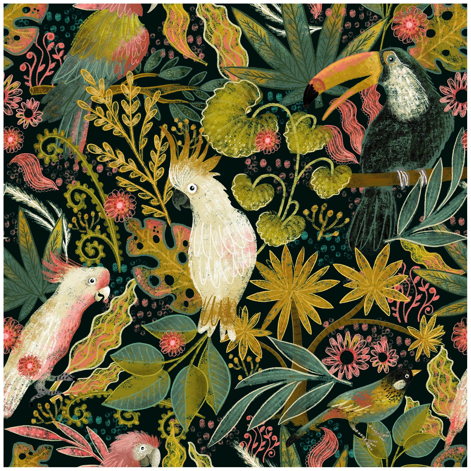 HaokHome Tropical Birds and Flowers Wallpaper – Colorful Cockatoos, Toucans, and Blooms on Dark Green Background