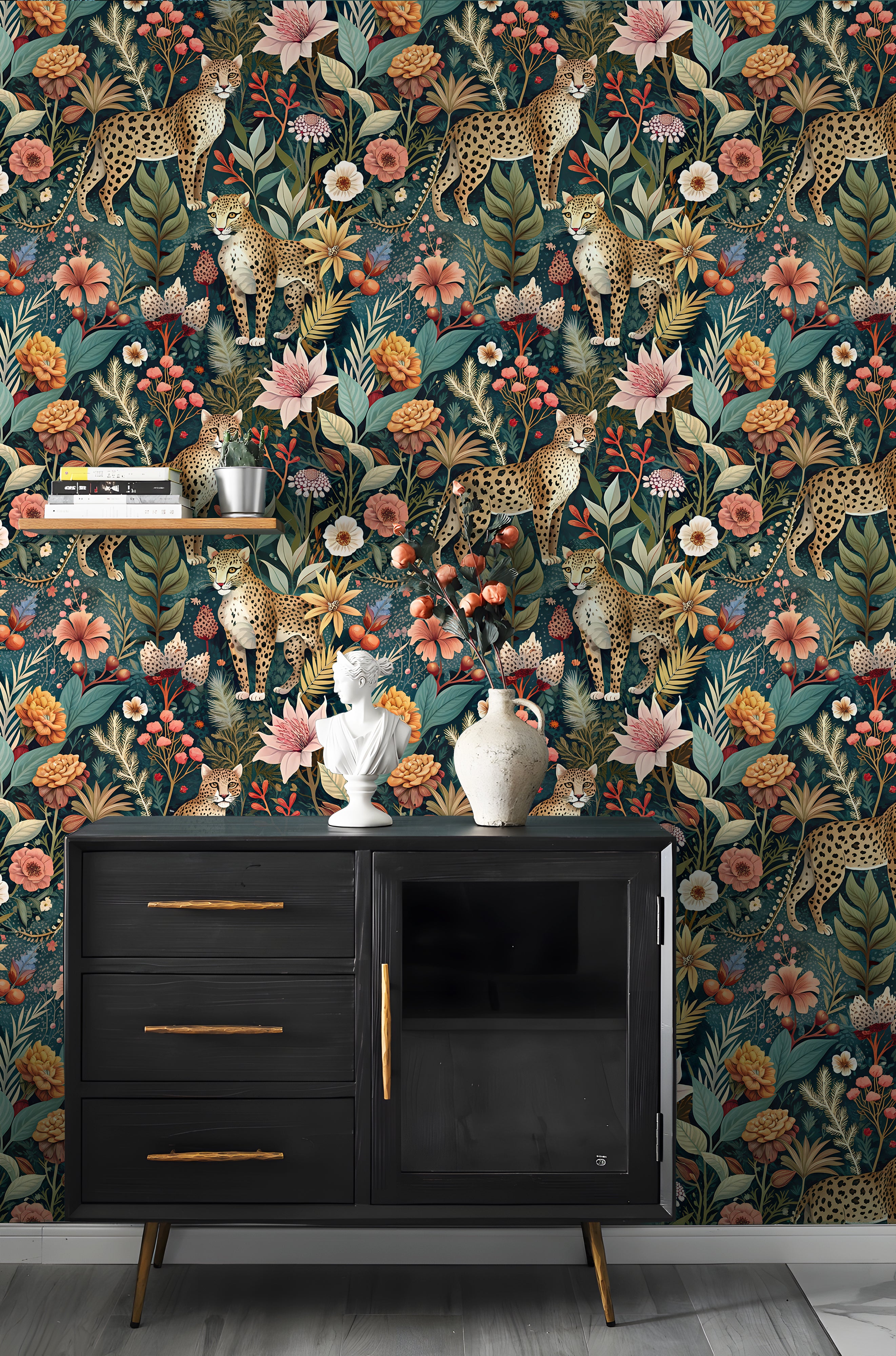 HaokHome Tropical Leopard Animal Forest Peel and Stick Wallpaper - Removable Vinyl DIY Decor