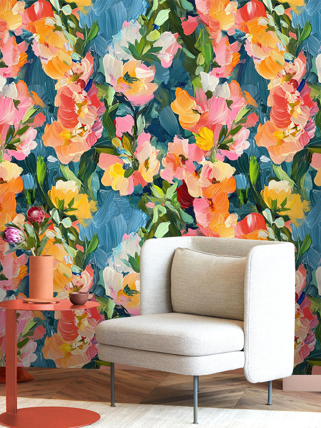 HaokHome Vibrant Abstract Floral Wallpaper Bold Brushstroke Flowers in Pink, Orange, and Yellow on Blue Background