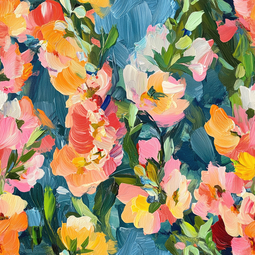 HaokHome Vibrant Abstract Floral Wallpaper Bold Brushstroke Flowers in Pink, Orange, and Yellow on Blue Background